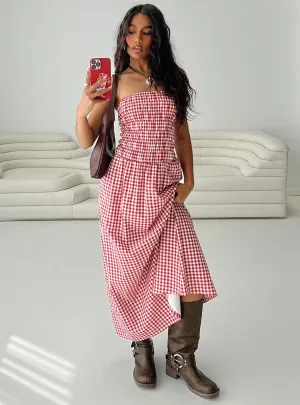 Light and Breezy Chill Fashion Human Nature Strapless Maxi Dress Red Check