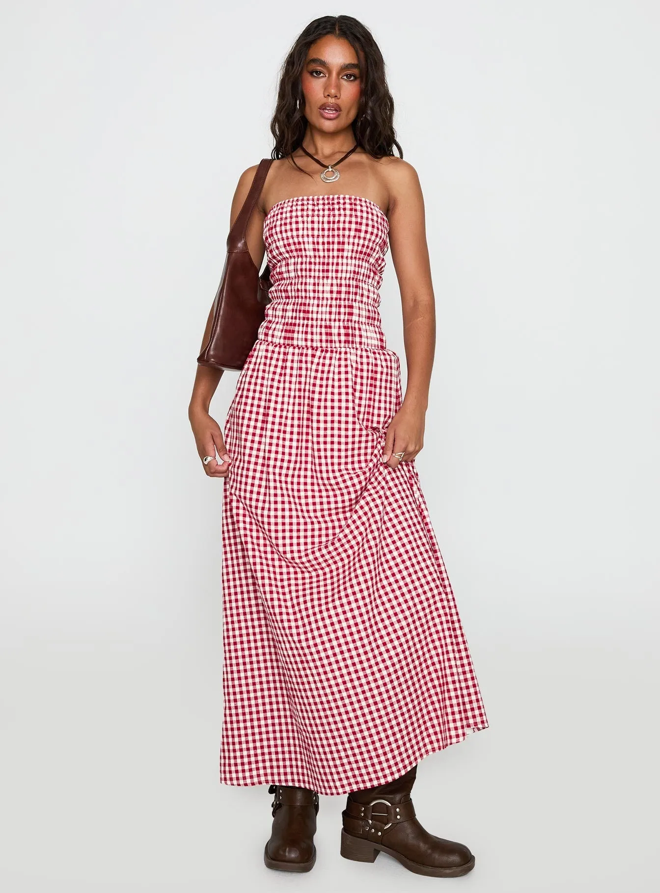 Human Nature Strapless Maxi Dress Red Check Office Cool
