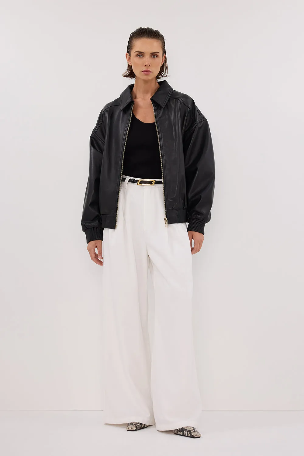 HUTTON BLACK LEATHER BOMBER JACKET Multi Purpose Loops