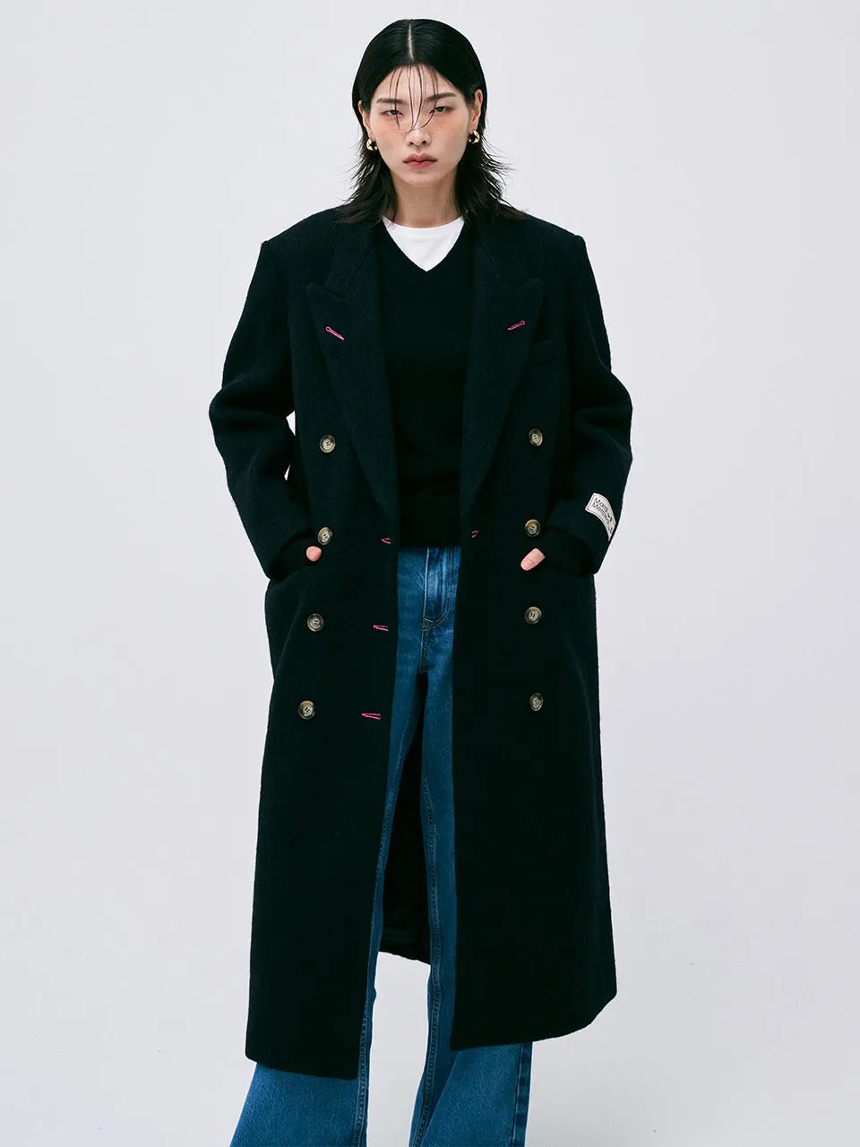 Eco Friendly Dye Process Lightweight Warmth Core ALPACA OVERSIZED MAXI COAT DOUBLE_BLACK