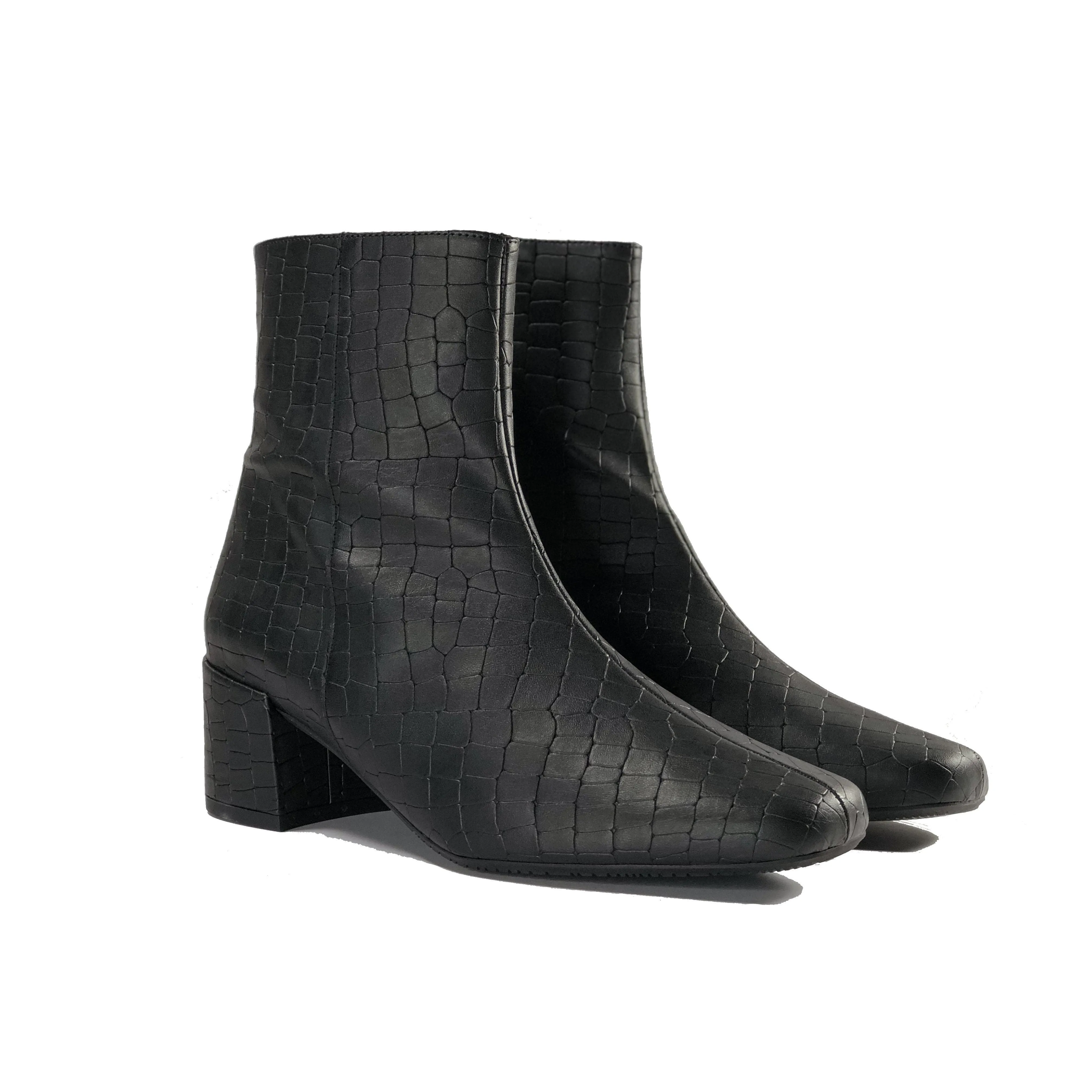 'Jacqui' vegan-leather ankle boot by Zette Shoes - black croc Thick sole