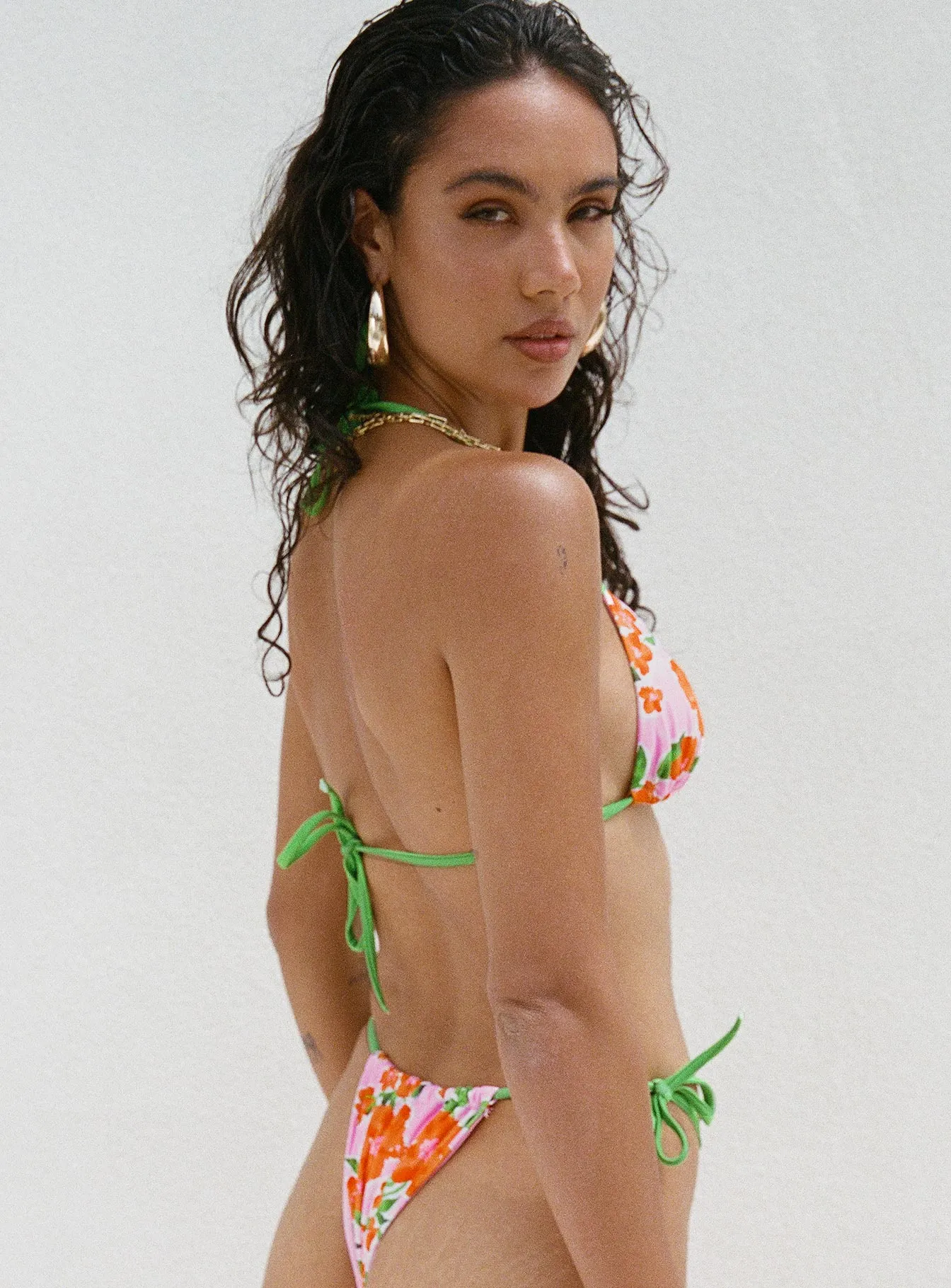 Multi Hook Back Closure Family Swimwear Jenner Triangle Bikini Top Green / Pink Floral