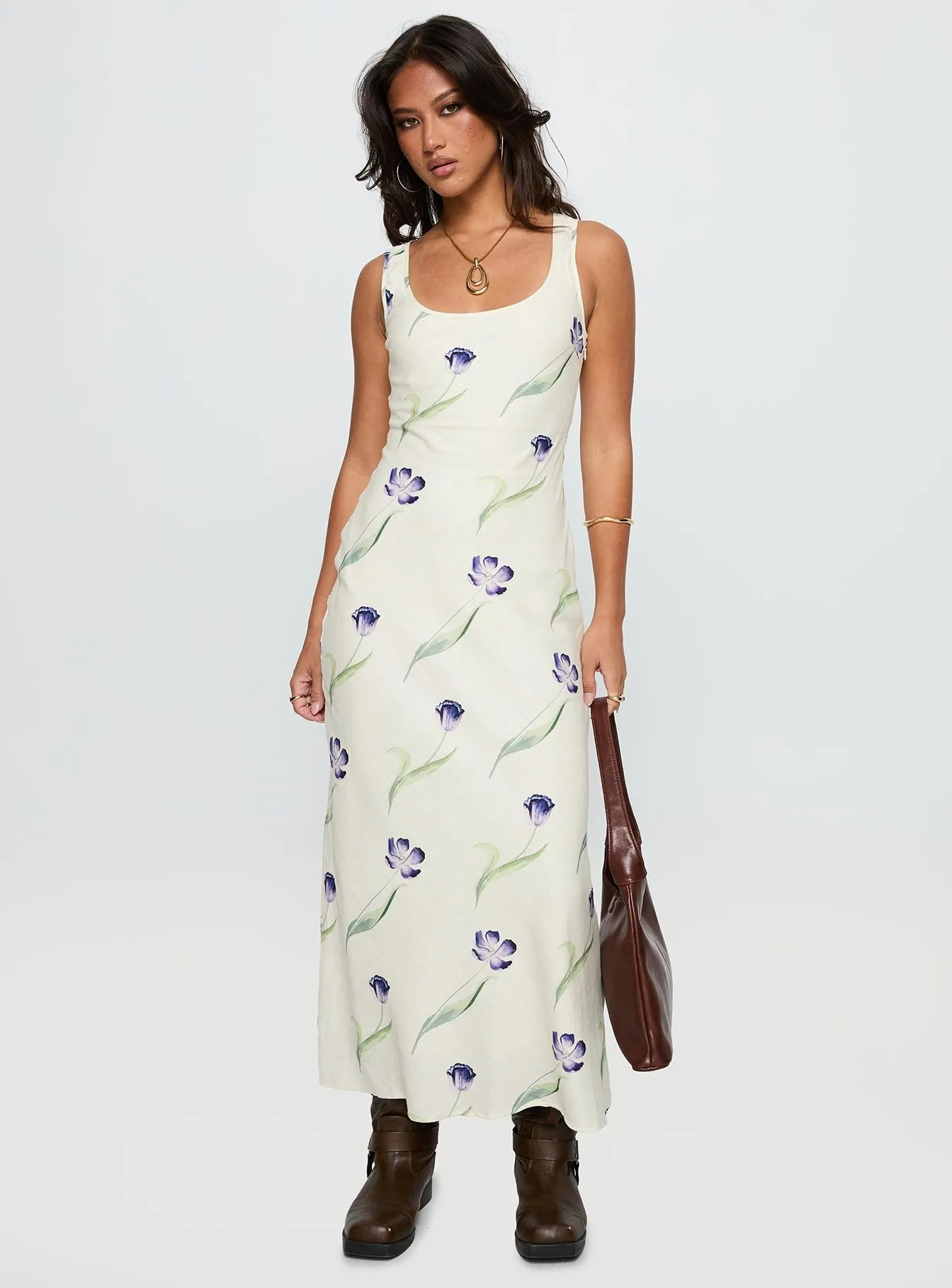Jessabelle Linen Blend Midi Dress Cream Floral Timeless slip dress Cozy Vibes