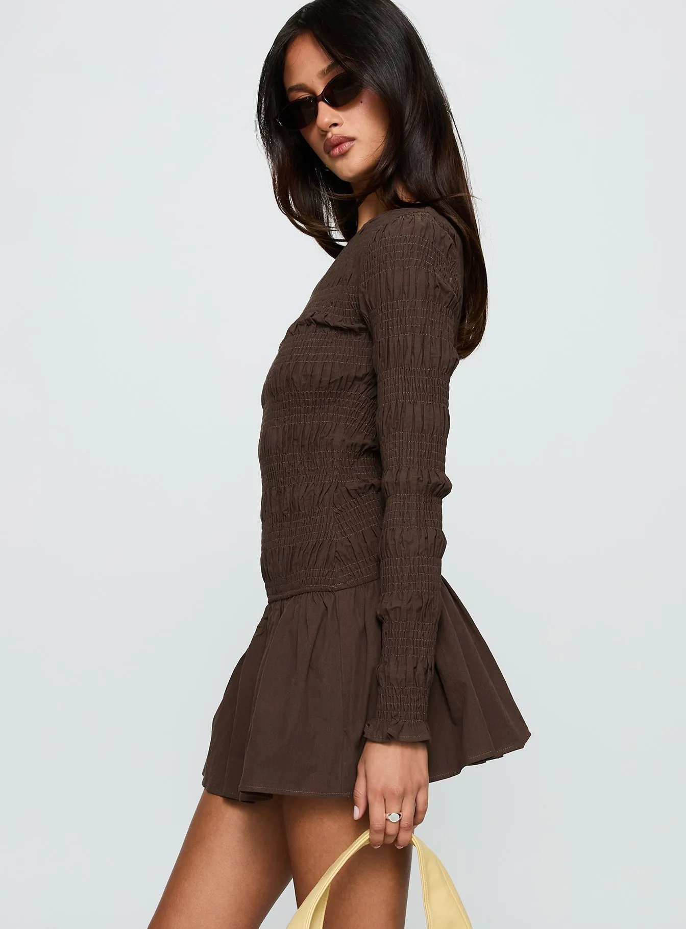 Jheanell Long Sleeve Mini Dress Brown Perfect Fit Wear Relax Tones
