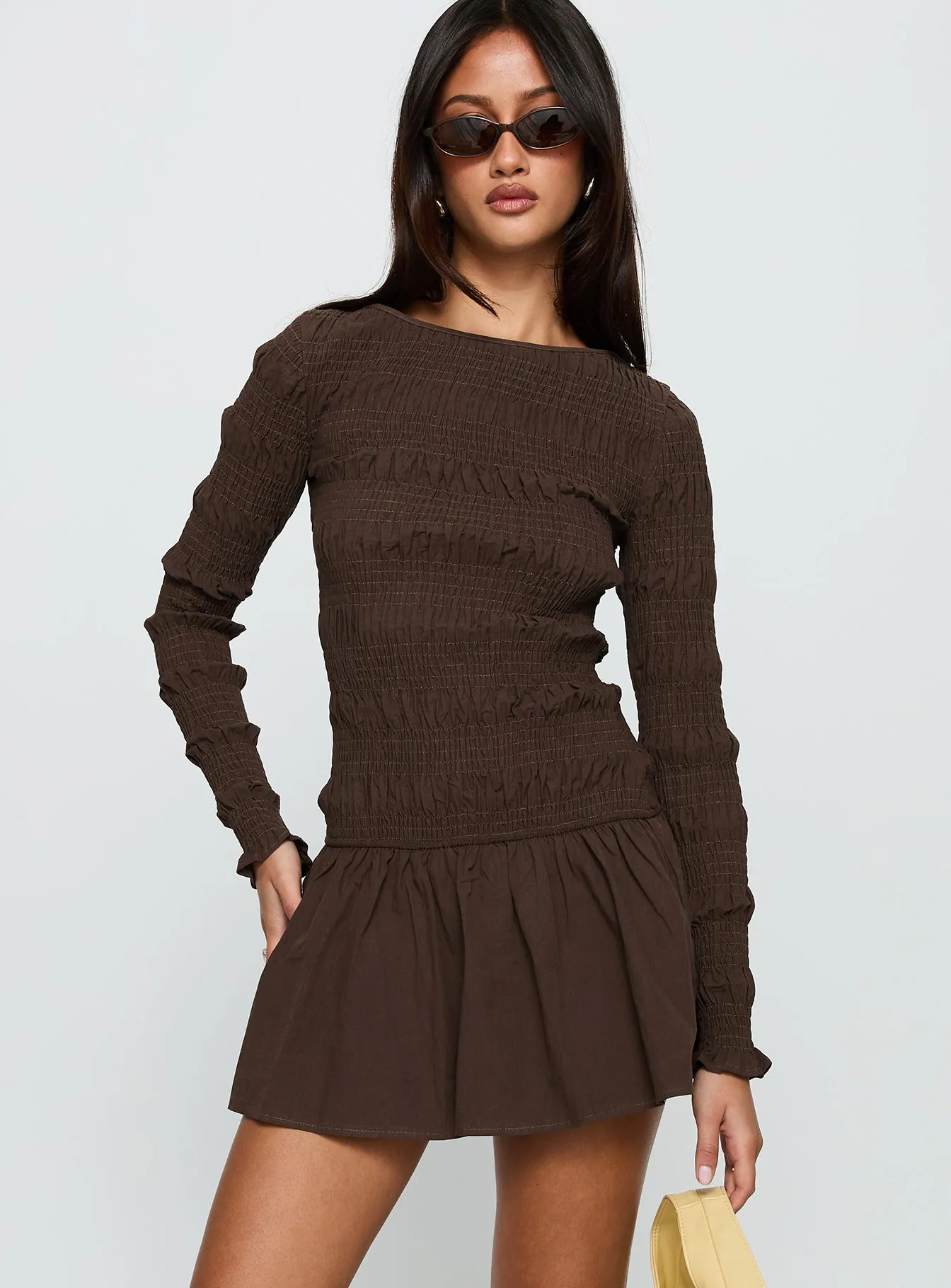 Pastel-Tone Weekend Favorite Jheanell Long Sleeve Mini Dress Brown