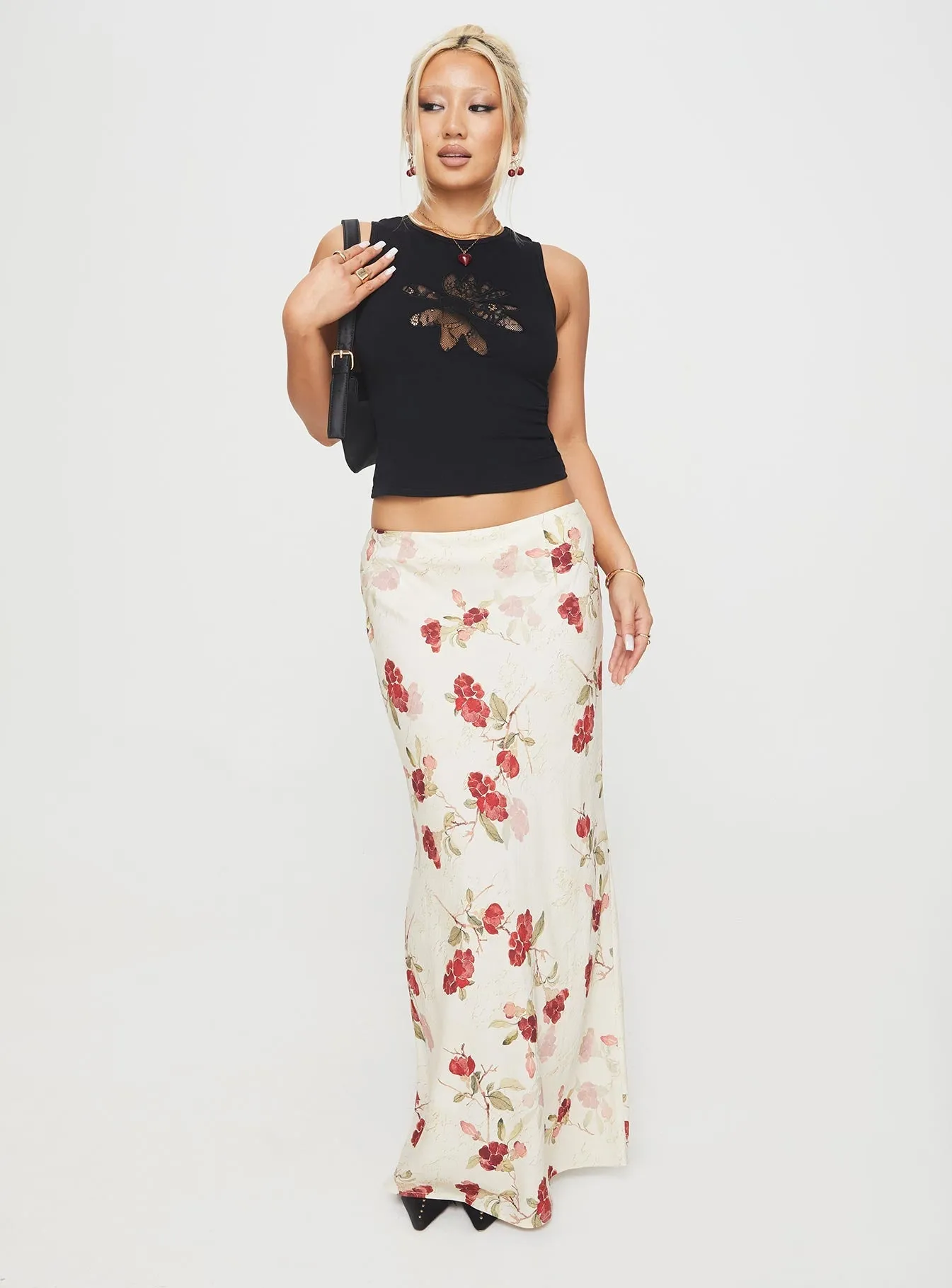 Jodie Maxi Skirt Cream / Floral ribbed texture Retro Style