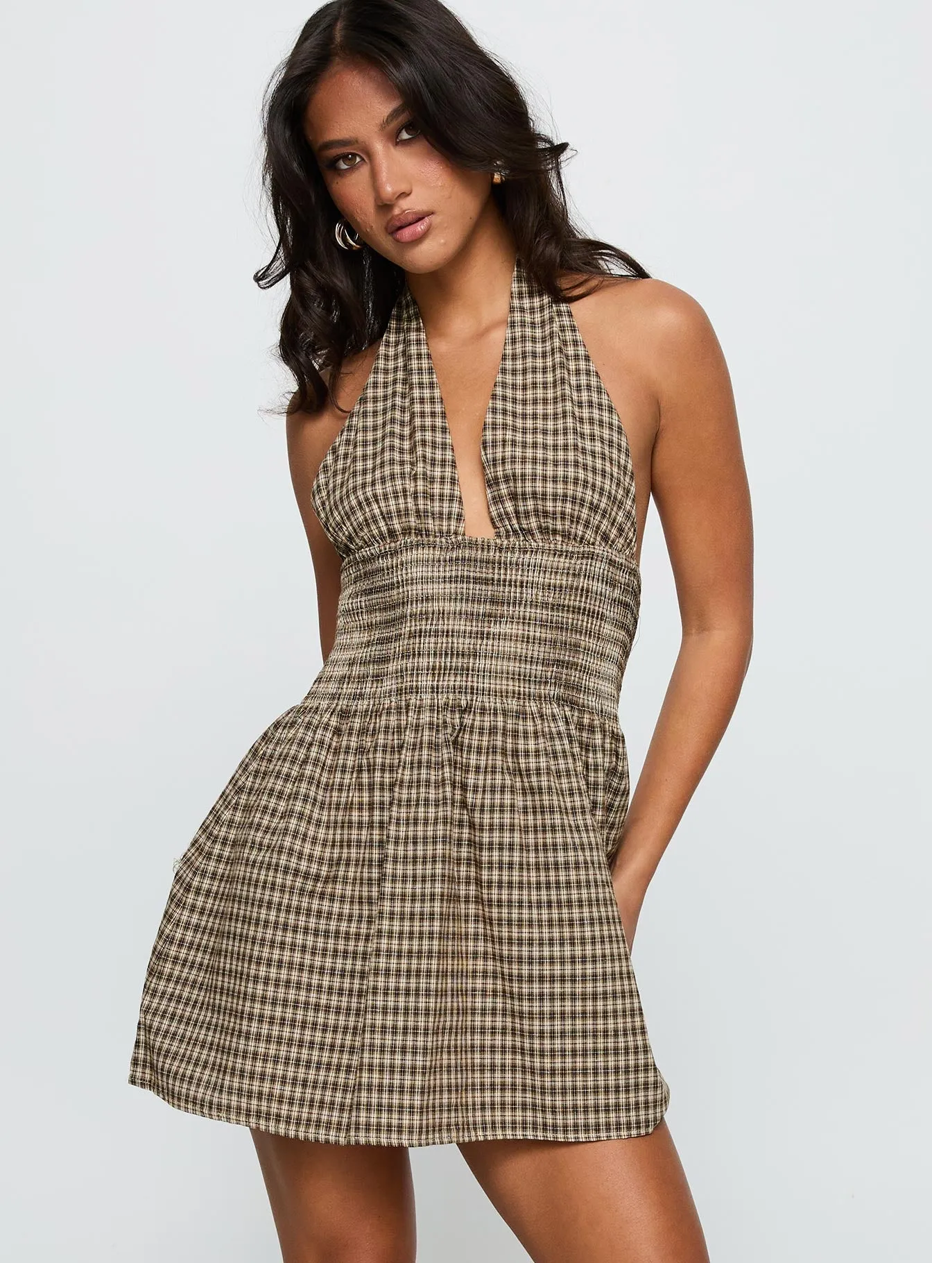Soft Hue Juanette Halter Mini Dress Brown Check