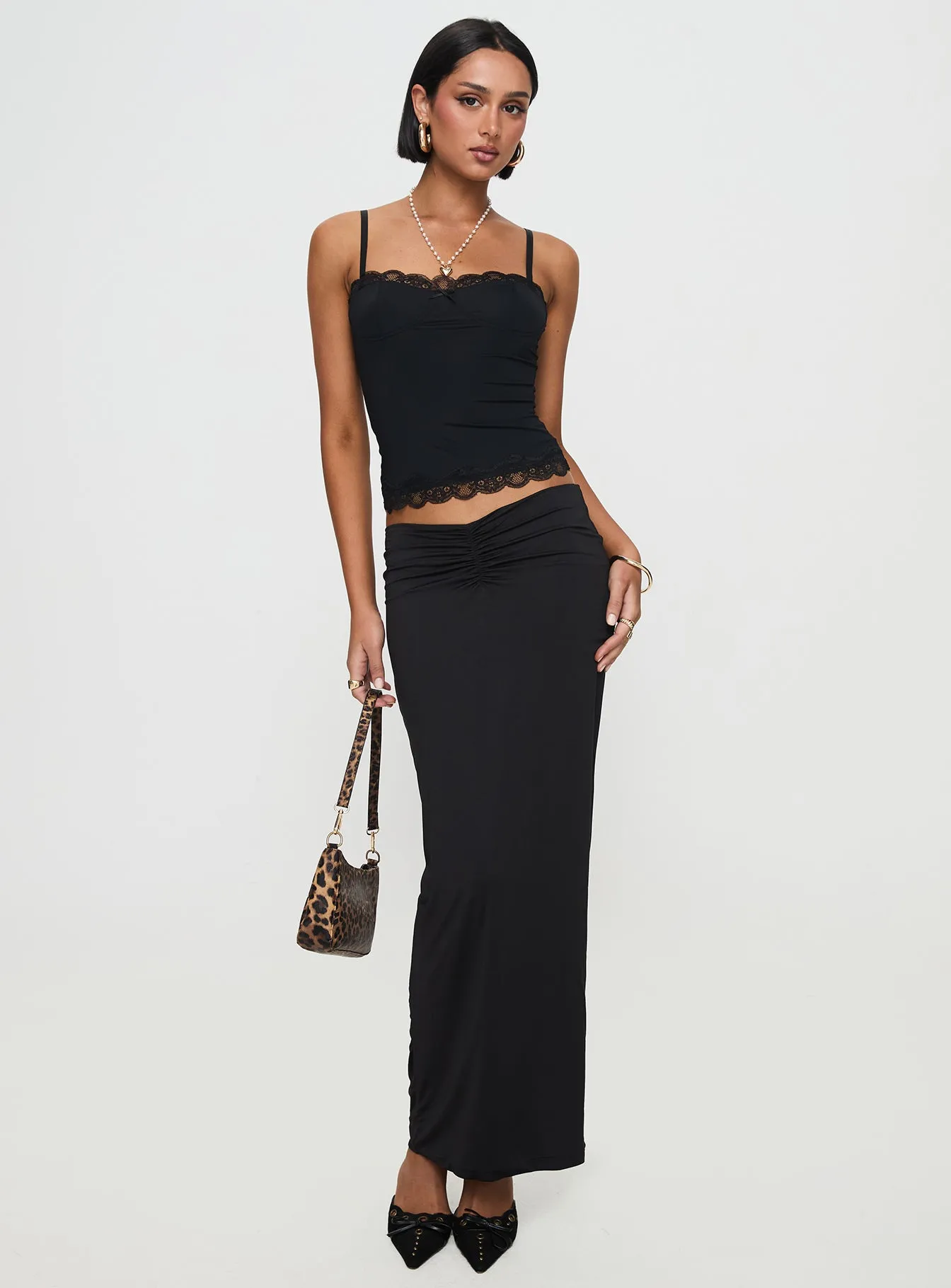 Elevated Casual Smart Casual Kalyn Ruched Front Maxi Skirt Black