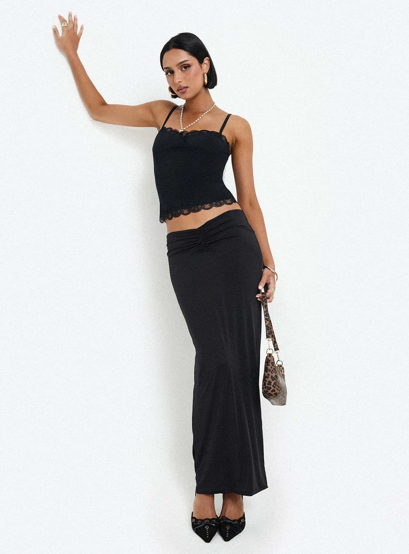 Kalyn Ruched Front Maxi Skirt Black Gentle Vibe