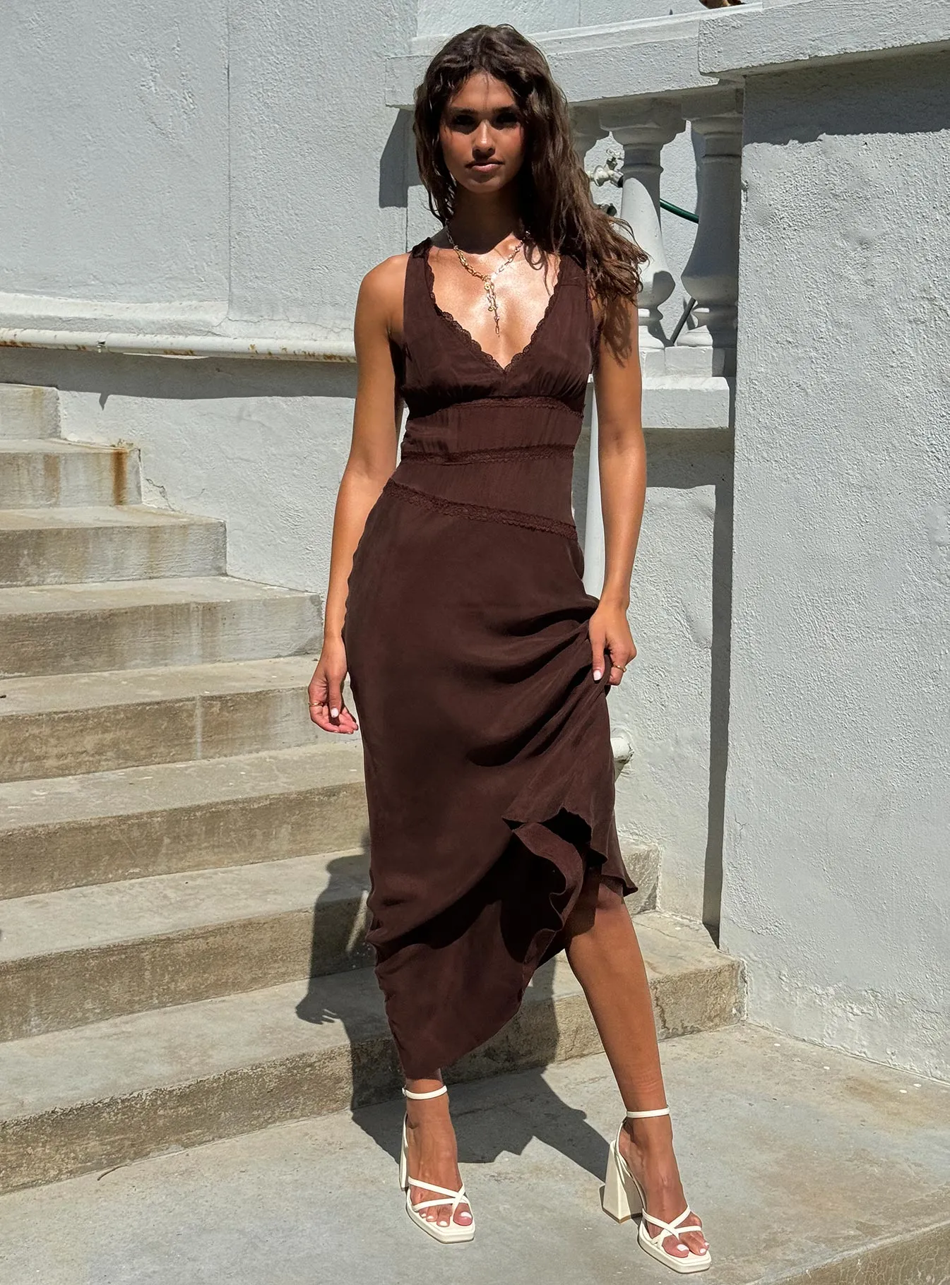 Tailored Cut Karlotta Lace Bias Maxi Dress Brown