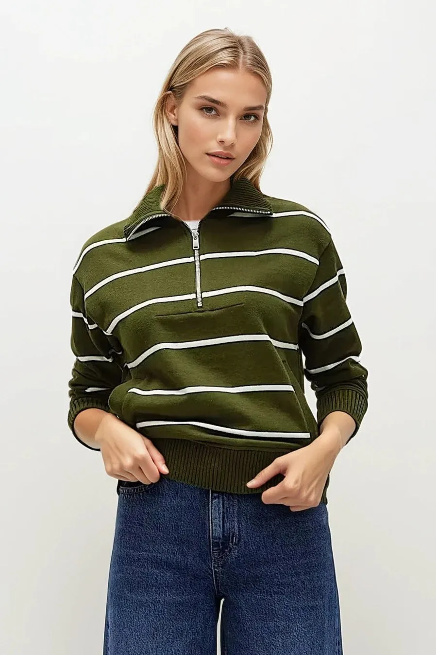 Cable Stitch Neutral Look Khaki Stripe Zip Neck Sweatshirt