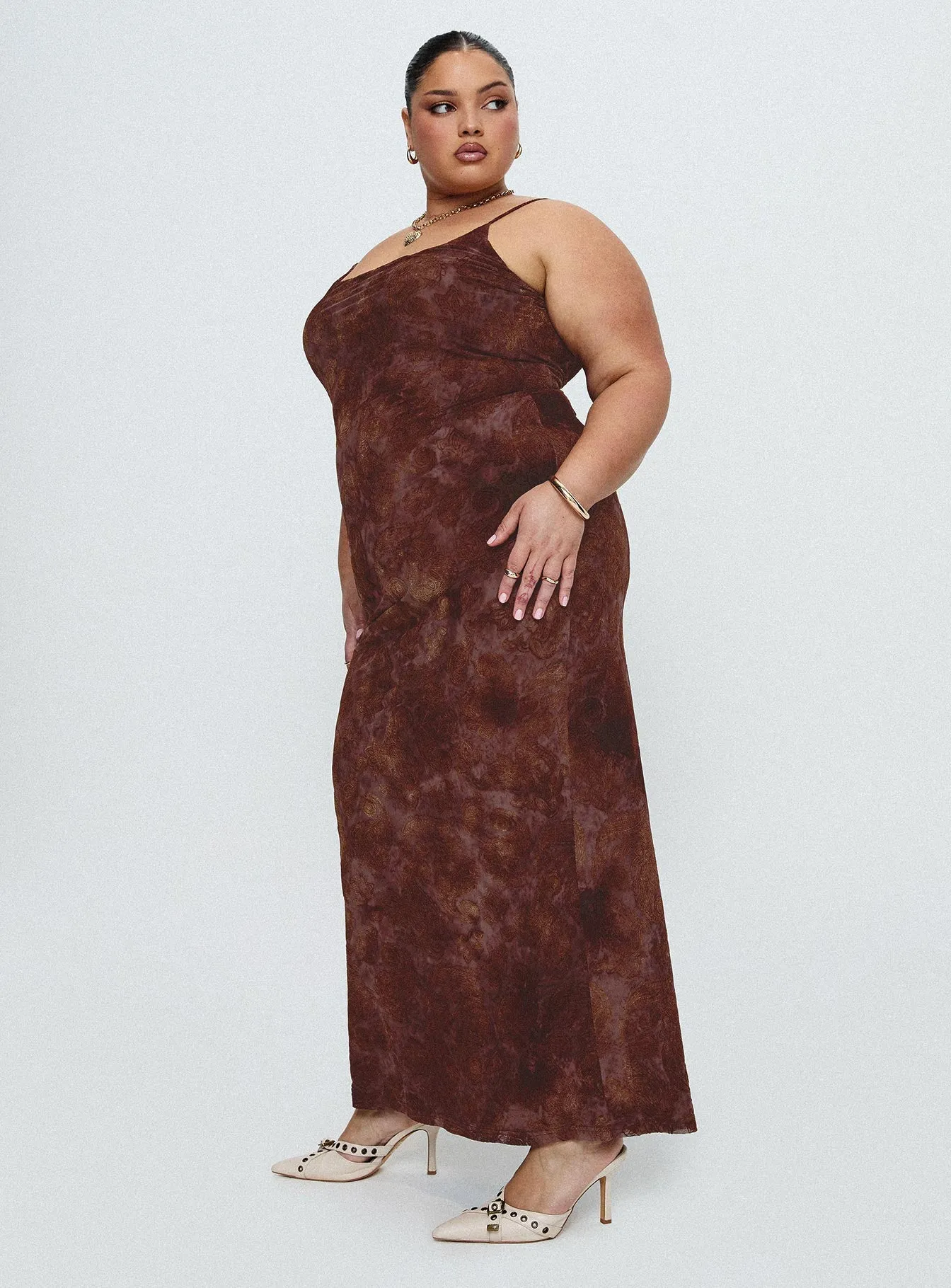 Knox Maxi Dress Chocolate Paisley Curve Chic Waistband Design