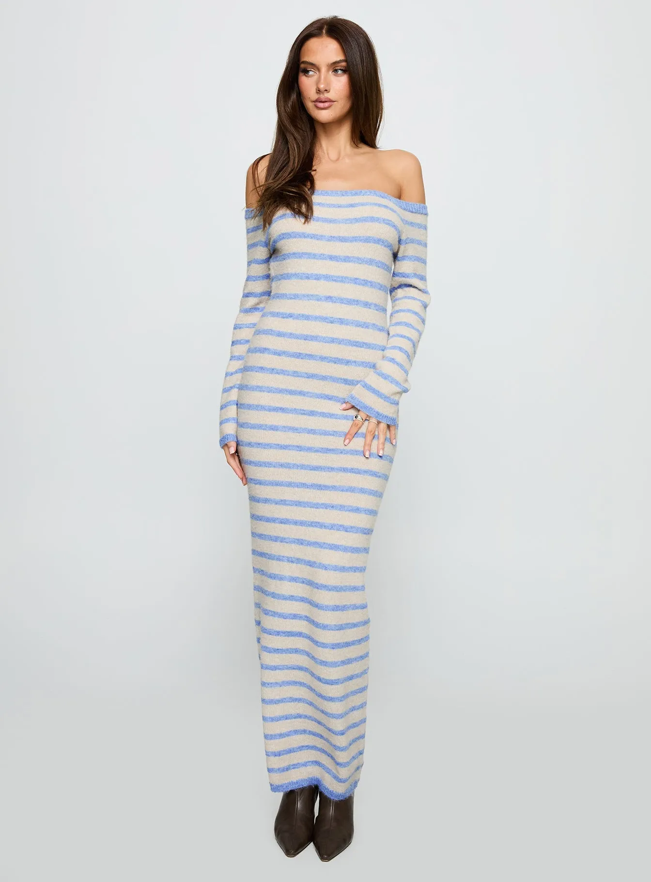 Korra Long Sleeve Maxi Dress Blue Stripe Textured Surface