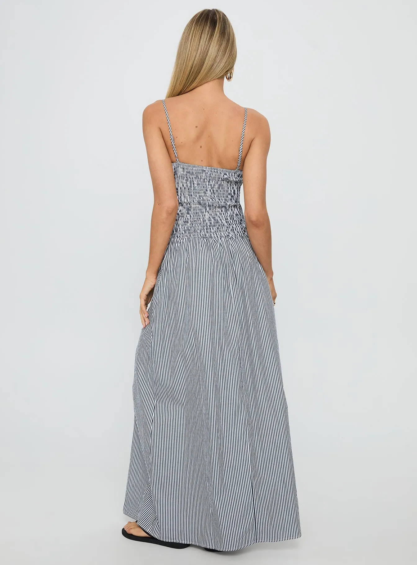 Kosie Shirred Maxi Dress Blue Stripe Spring Vibe Subtle Detail