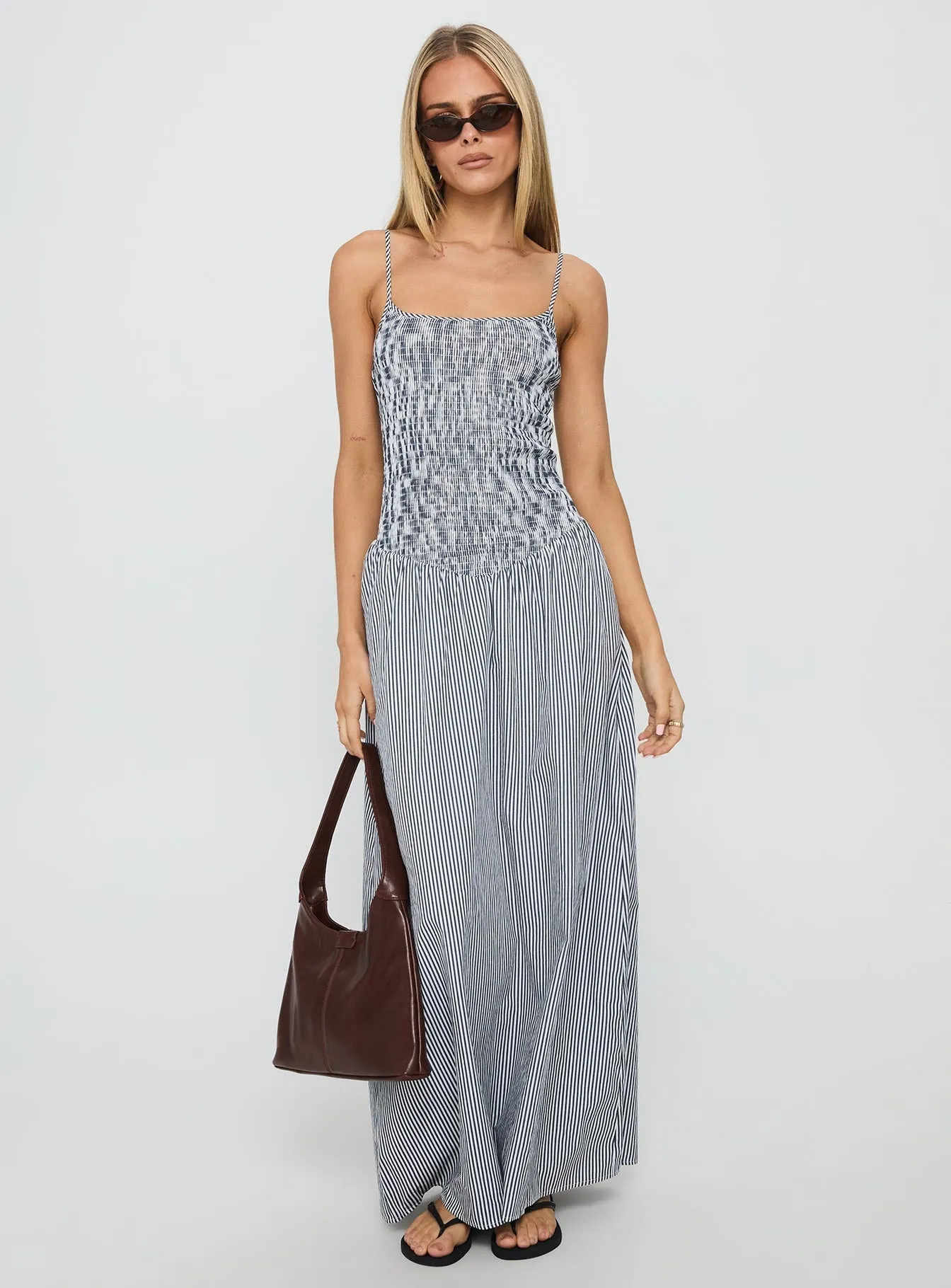 Urban Cool Kosie Shirred Maxi Dress Blue Stripe