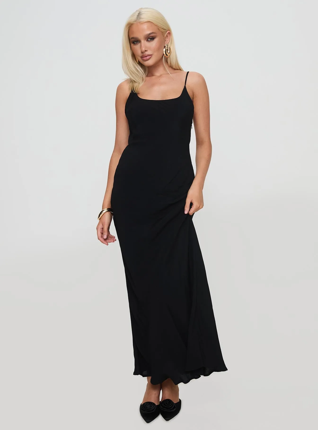 Lagane Bias Cut Maxi Dress Black Chilly Weather Wear