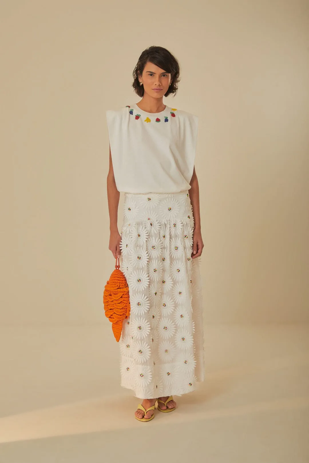 Comfy Vibes Seasonal Fashion White Beaded Fruits Organic Cotton T-Shirt