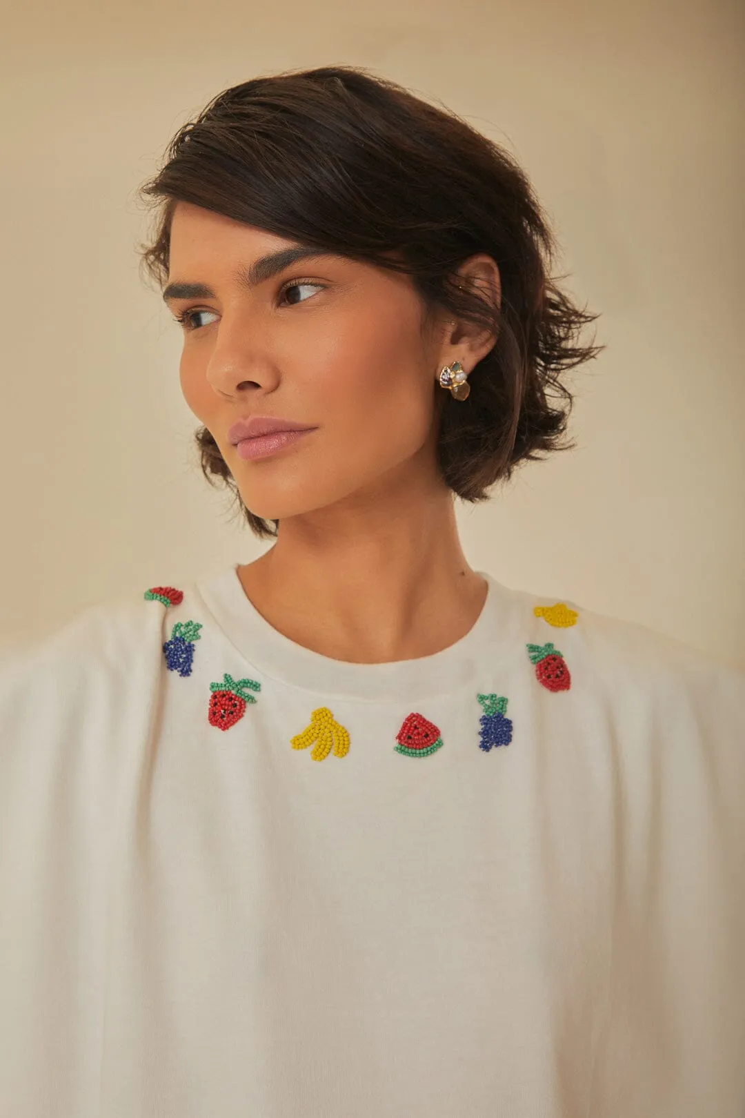 White Beaded Fruits Organic Cotton T-Shirt All-Purpose Wear Everyday Casual