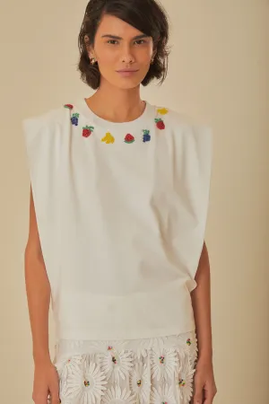 White Beaded Fruits Organic Cotton T-Shirt Functional Wearable