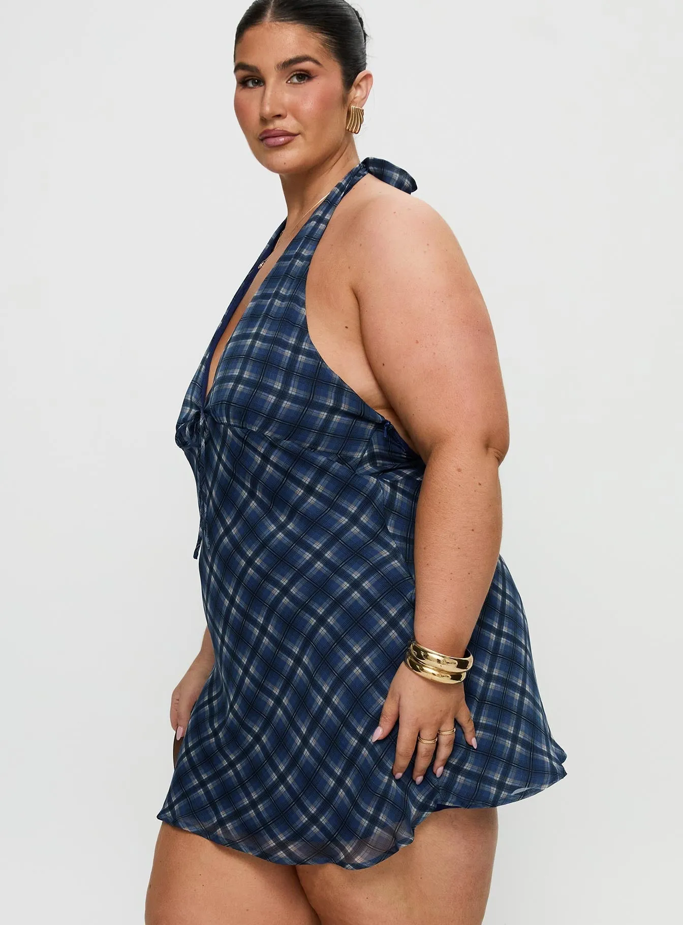 Laraline Halter Mini Dress Navy Check Curve Night Ready Relax Form