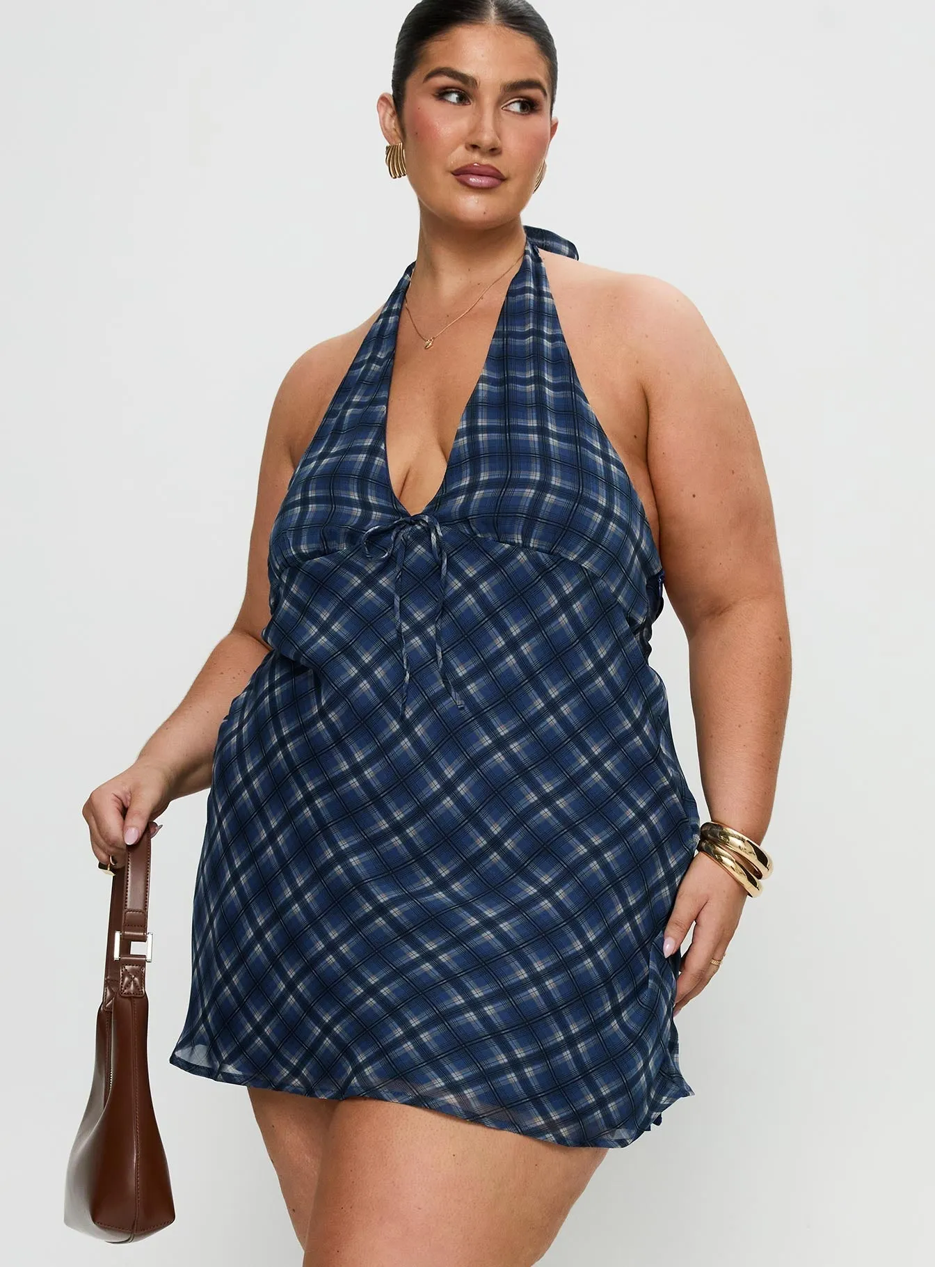 Laraline Halter Mini Dress Navy Check Curve Daily Comfort