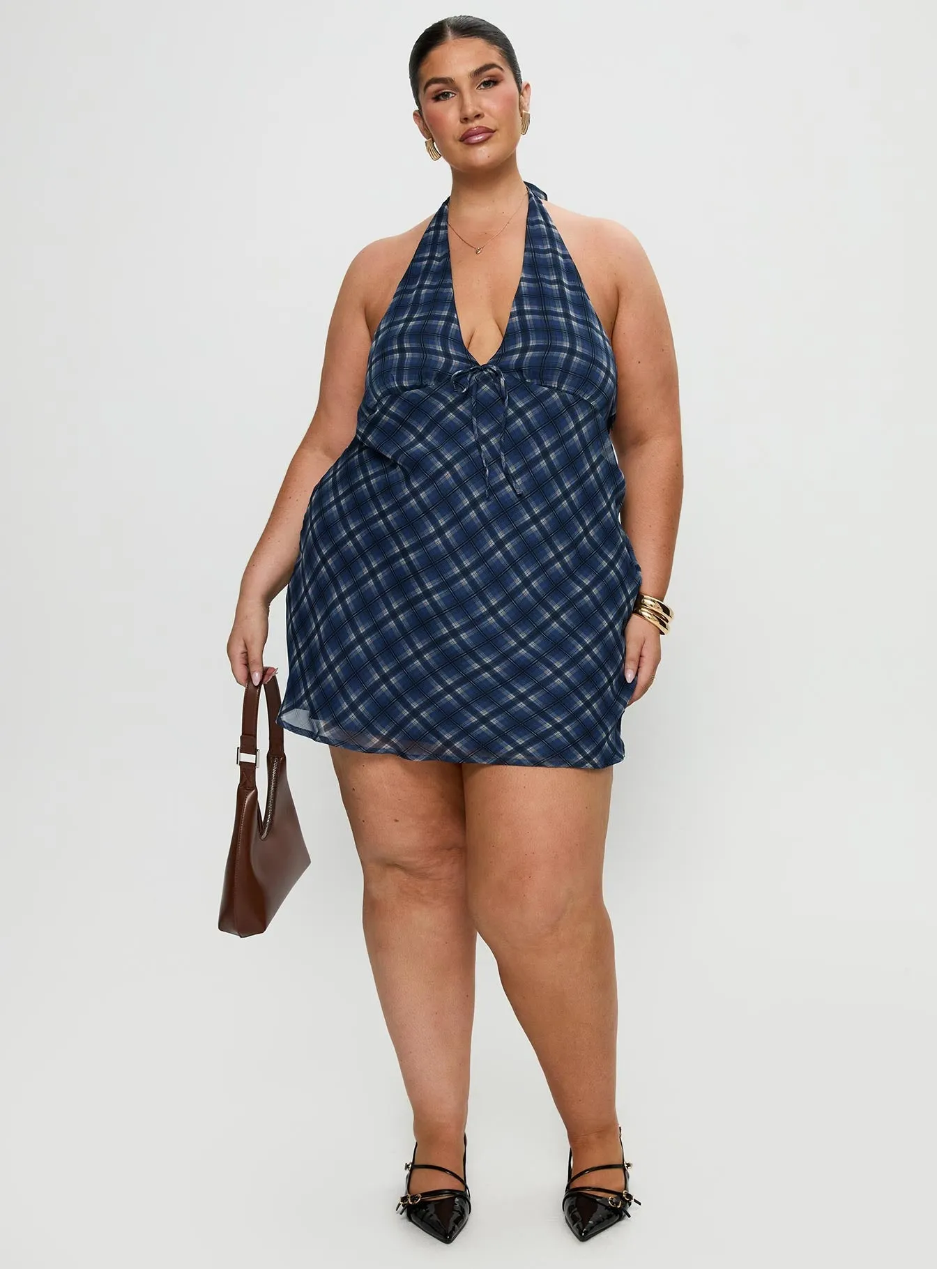 Laraline Halter Mini Dress Navy Check Curve Comfy and Relaxed