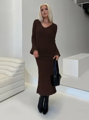 relaxed shape Wool-Blend Larne Long Sleeve Maxi Dress Chocolate