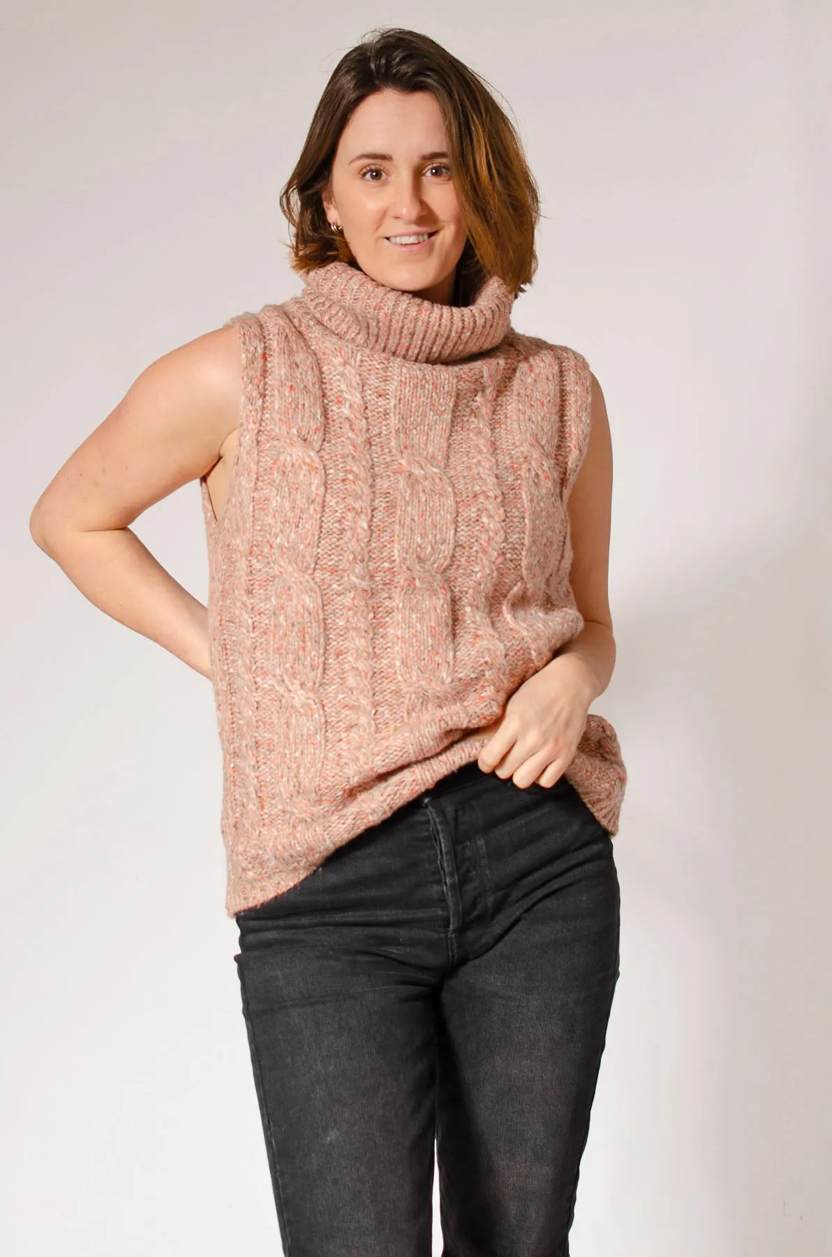 Blush Pink Sleeveless Cable Knit Roll Neck Tank Top Sweater Knit