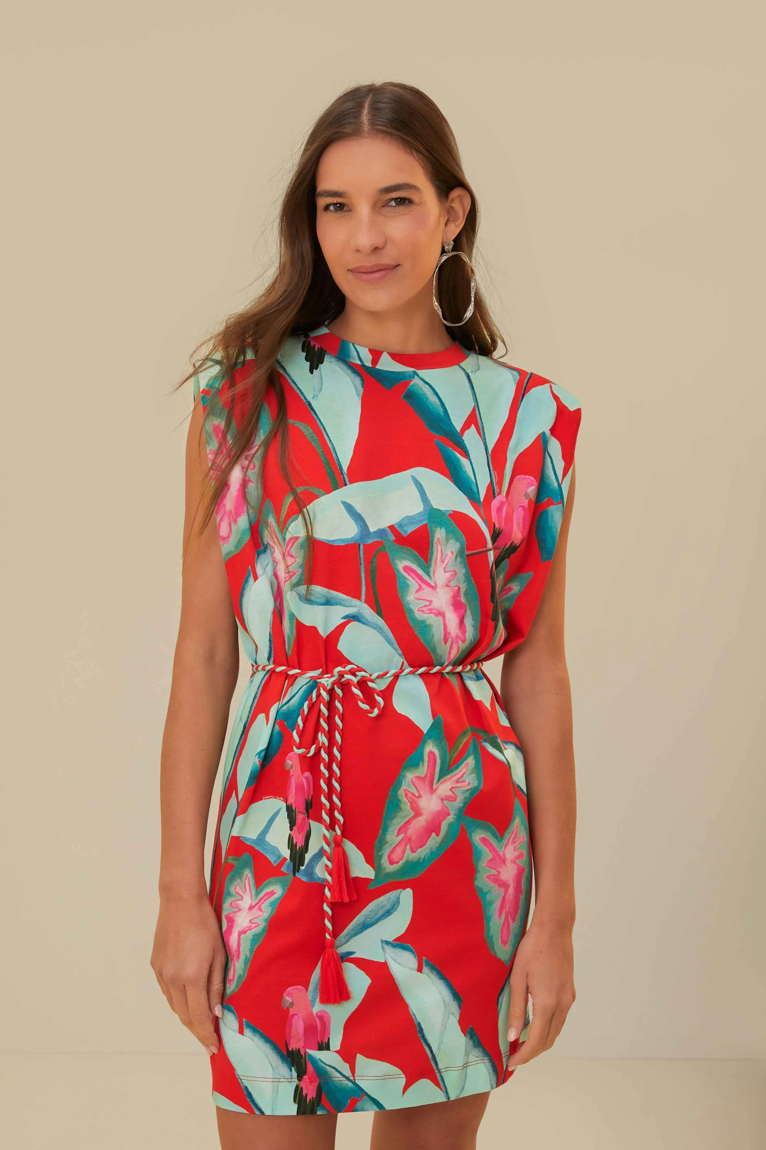 Red Summer Foliage Organic Cotton Mini T-Shirt Dress Non Restrictive Fit Cozy Touch