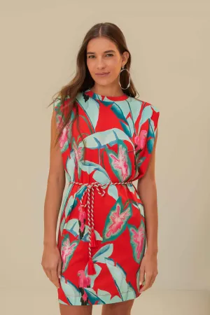 Red Summer Foliage Organic Cotton Mini T-Shirt Dress Non Restrictive Fit Cozy Touch