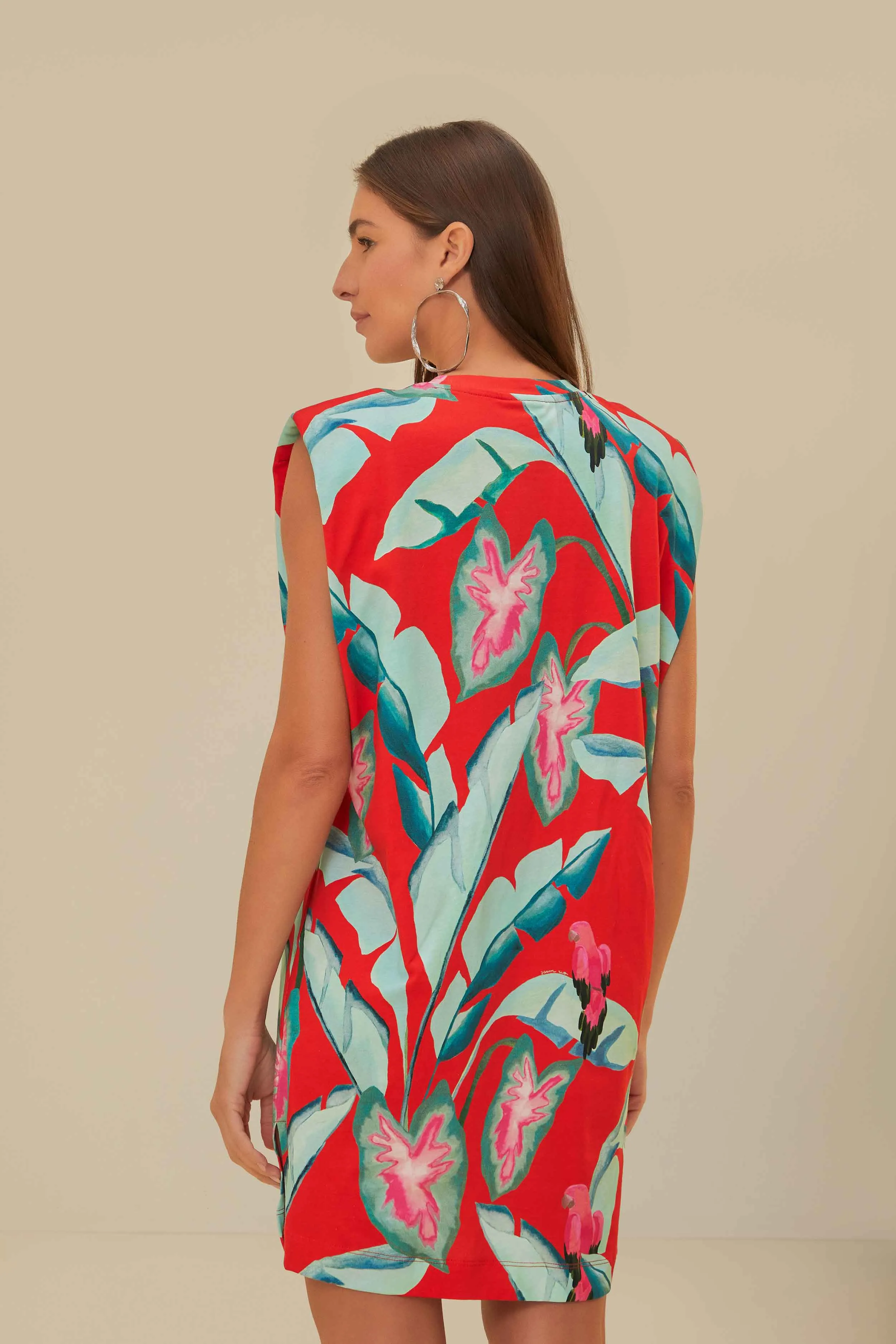 Red Summer Foliage Organic Cotton Mini T-Shirt Dress Modern Comfort Style