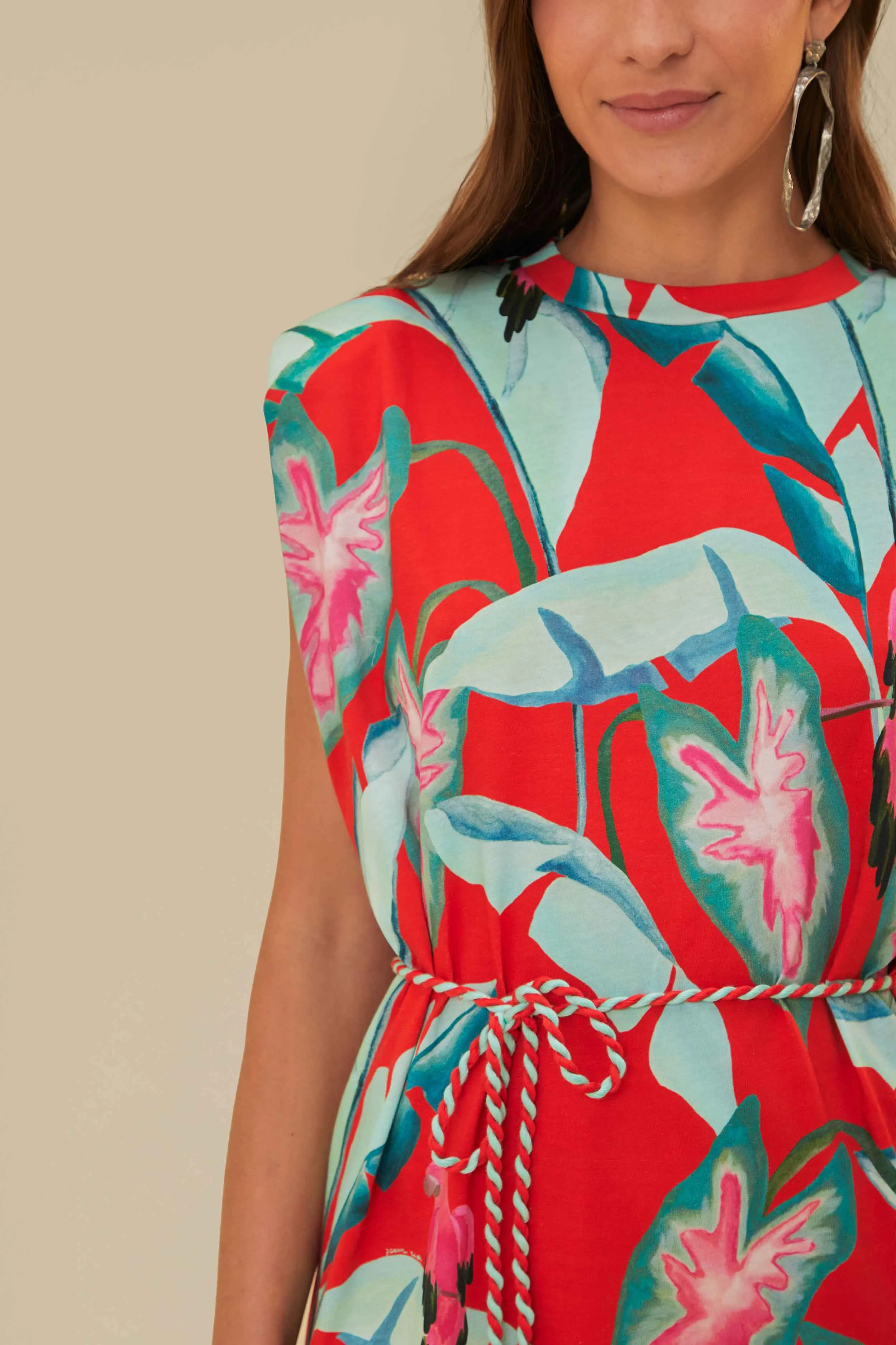 Red Summer Foliage Organic Cotton Mini T-Shirt Dress Fashion Top Comfortable and Chic