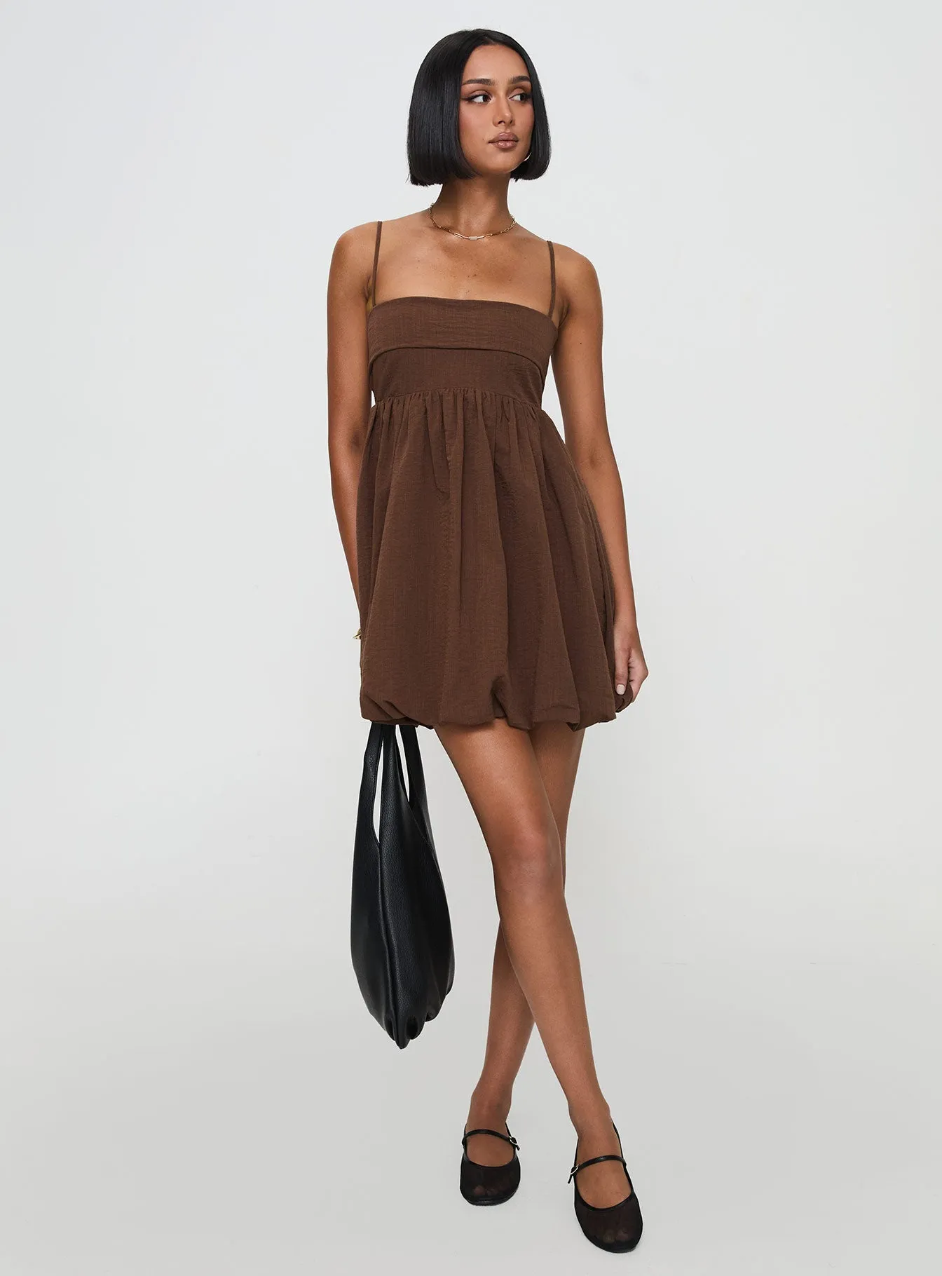 Layken Bubble Hem Mini Dress Chocolate Tall Sleek Comfort Versatile Piece