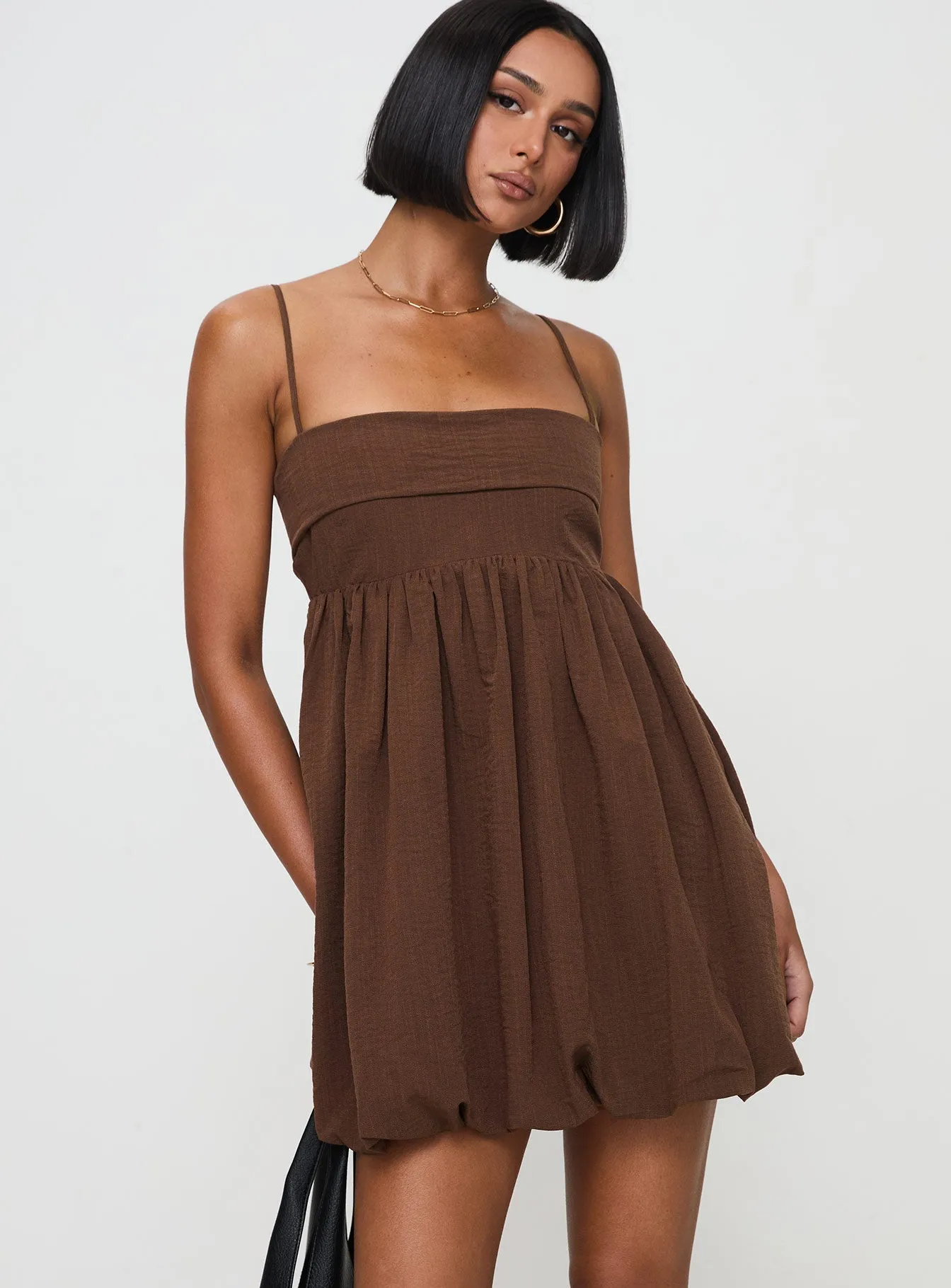 Satin Glow Glam Touch Layken Bubble Hem Mini Dress Chocolate Tall