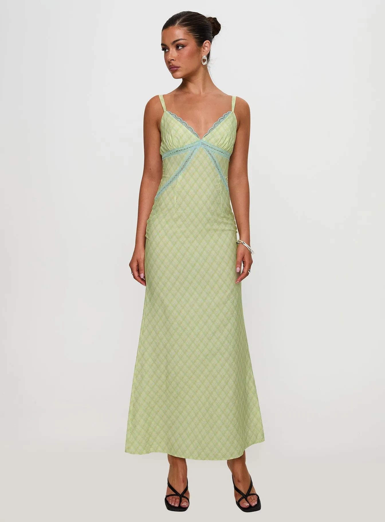 Flawless Waist Fit Artistic Shape Leabella Maxi Dress Green Check
