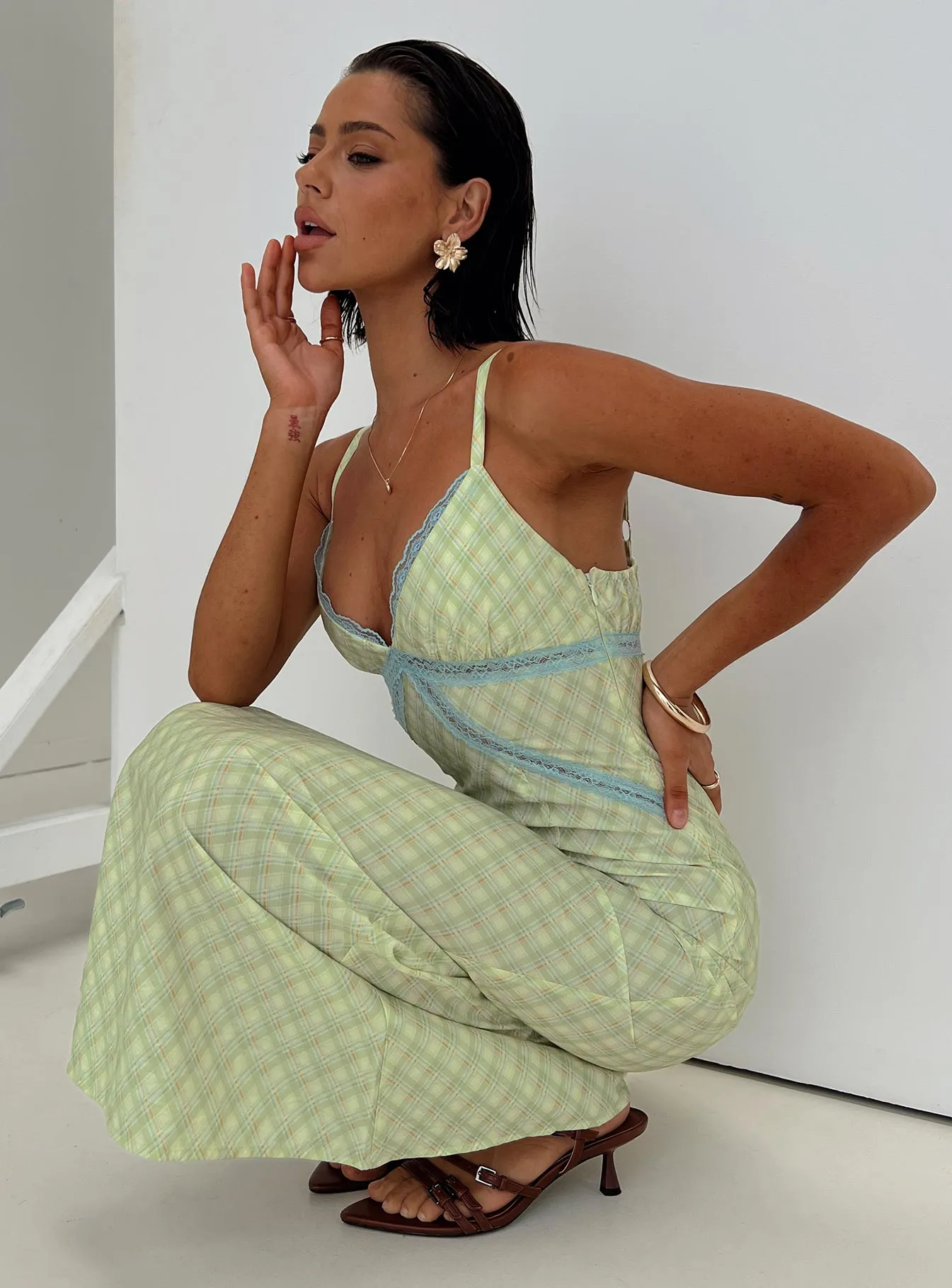 Timeless Waistband Fit summer look Leabella Maxi Dress Green Check