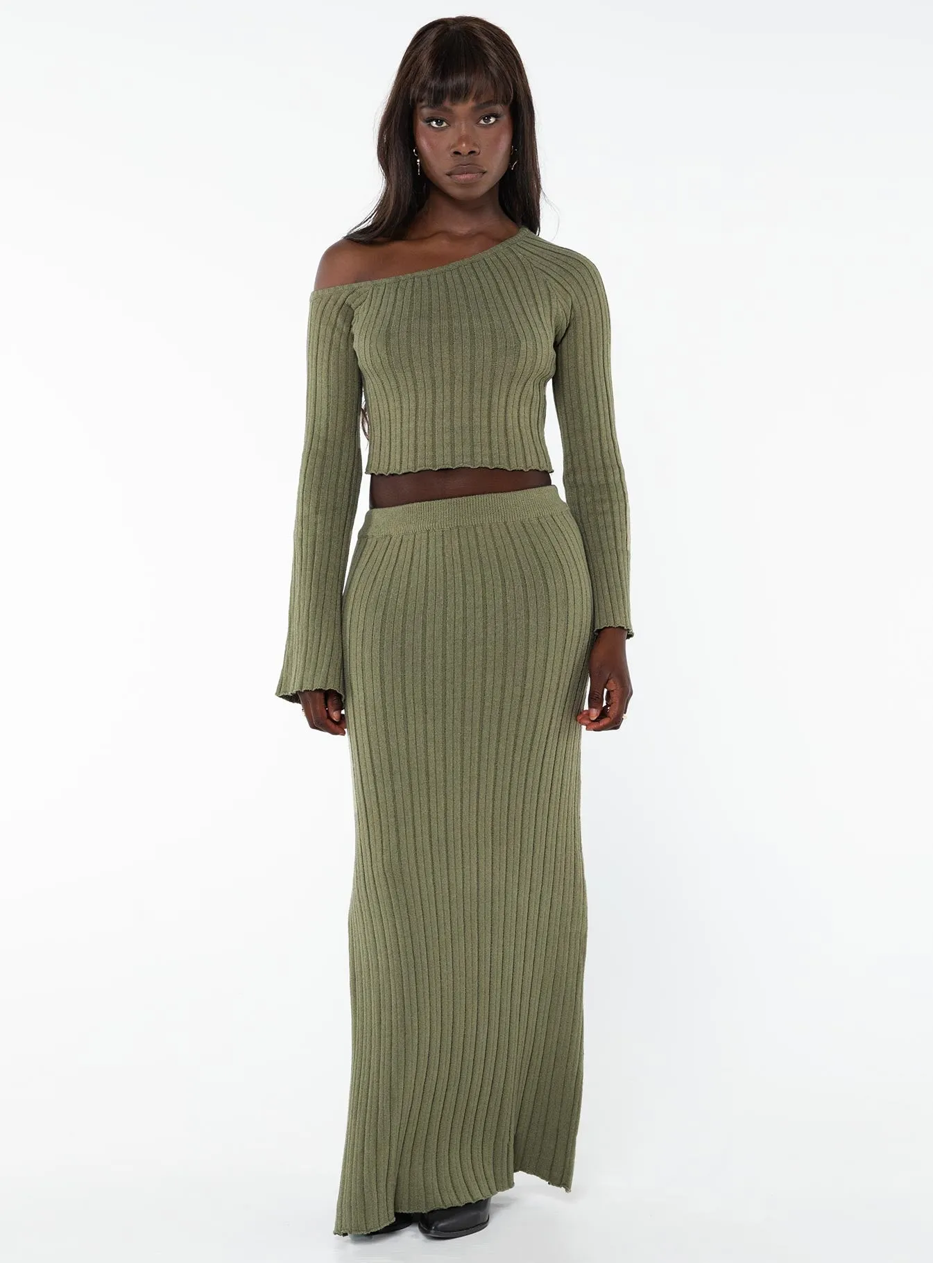 Santorini Knit Maxi Skirt Green High Shine Style Innovation