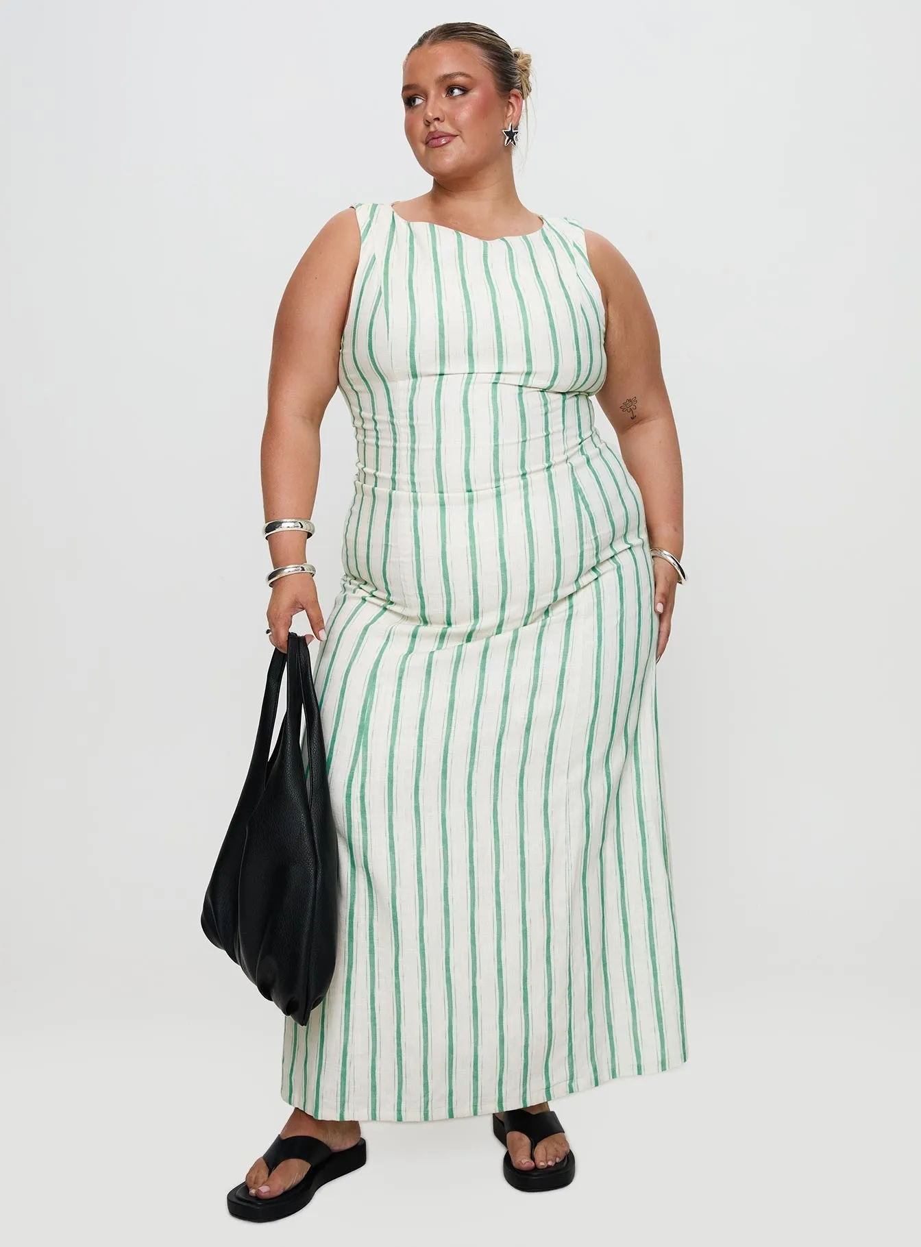 Lewisa Maxi Dress Green Stripe Curve Draped Fabric