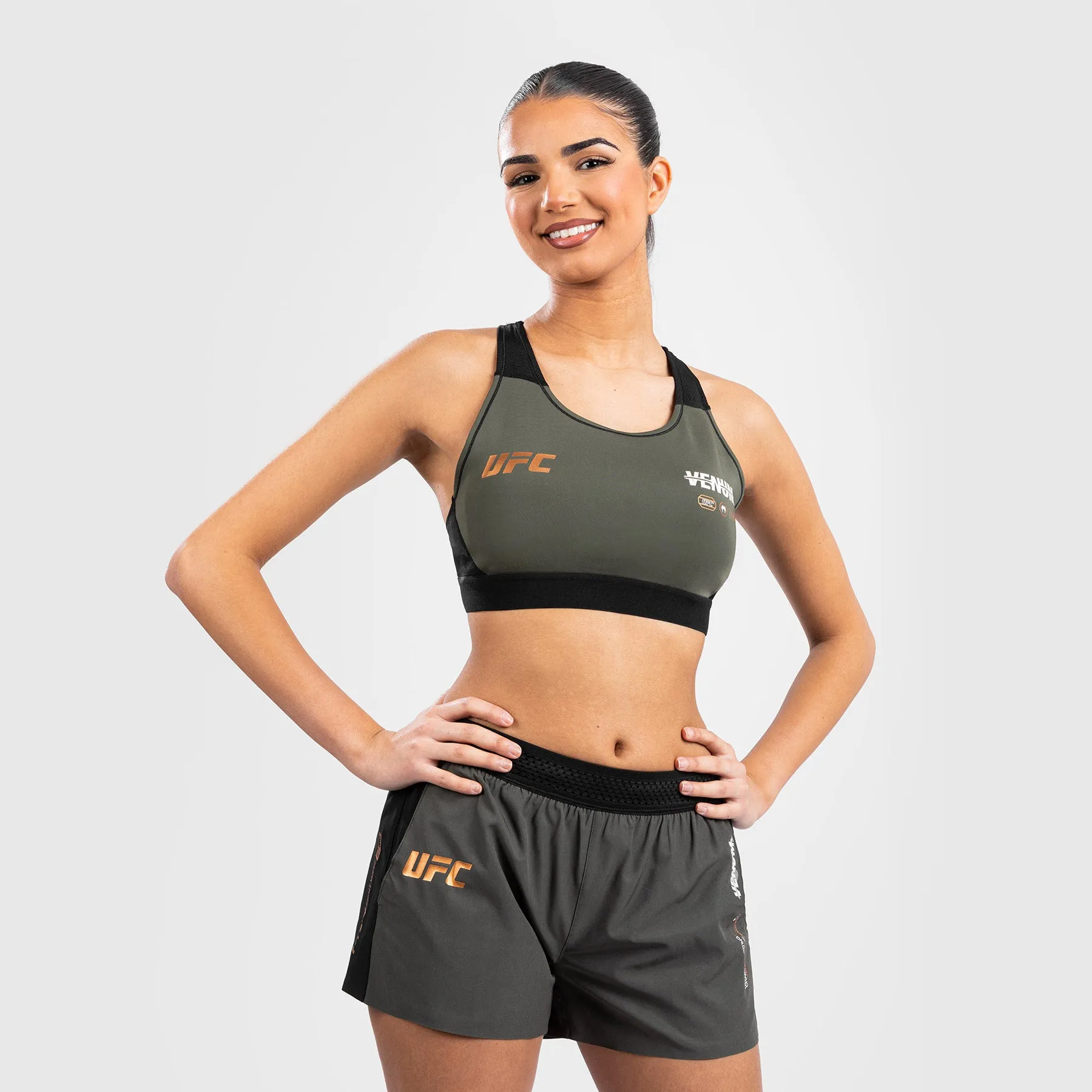 Purple Stretchy Band UFC Adrenaline by Venum Fight Week Women??s Sports Bra - Khaki/Bronze
