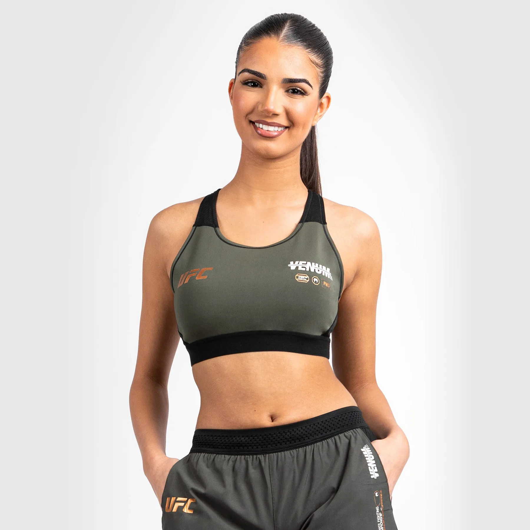 UFC Adrenaline by Venum Fight Week Women??s Sports Bra - Khaki/Bronze Arch support Polyester active clothing