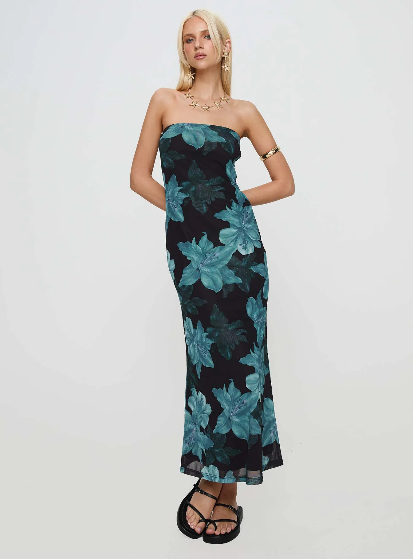 Celik Maxi Dress Black / Blue Floral Perfect Proportion