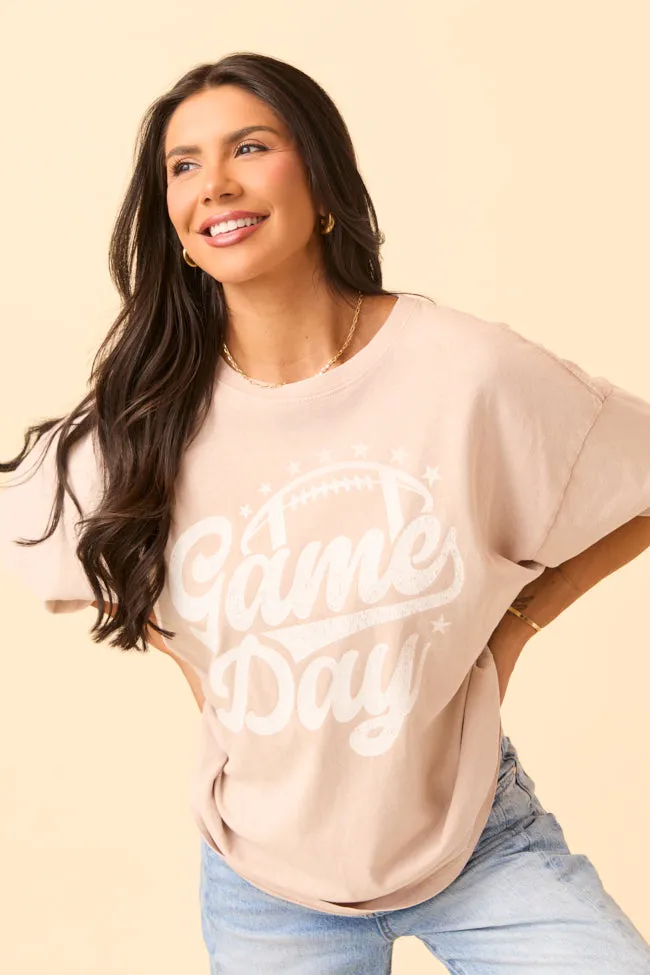 Game Day Script Taupe Oversized Graphic Tee SALE Sublimation Resistant Fabric Anti Odor Treatment