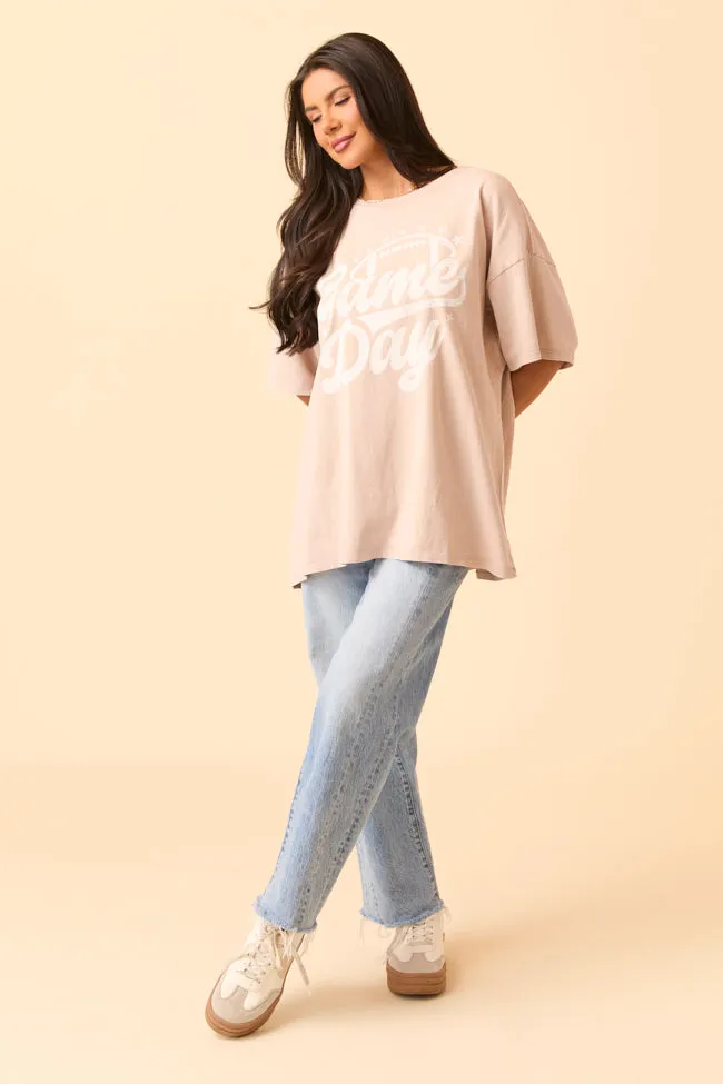 Game Day Script Taupe Oversized Graphic Tee SALE EasyCareFabric