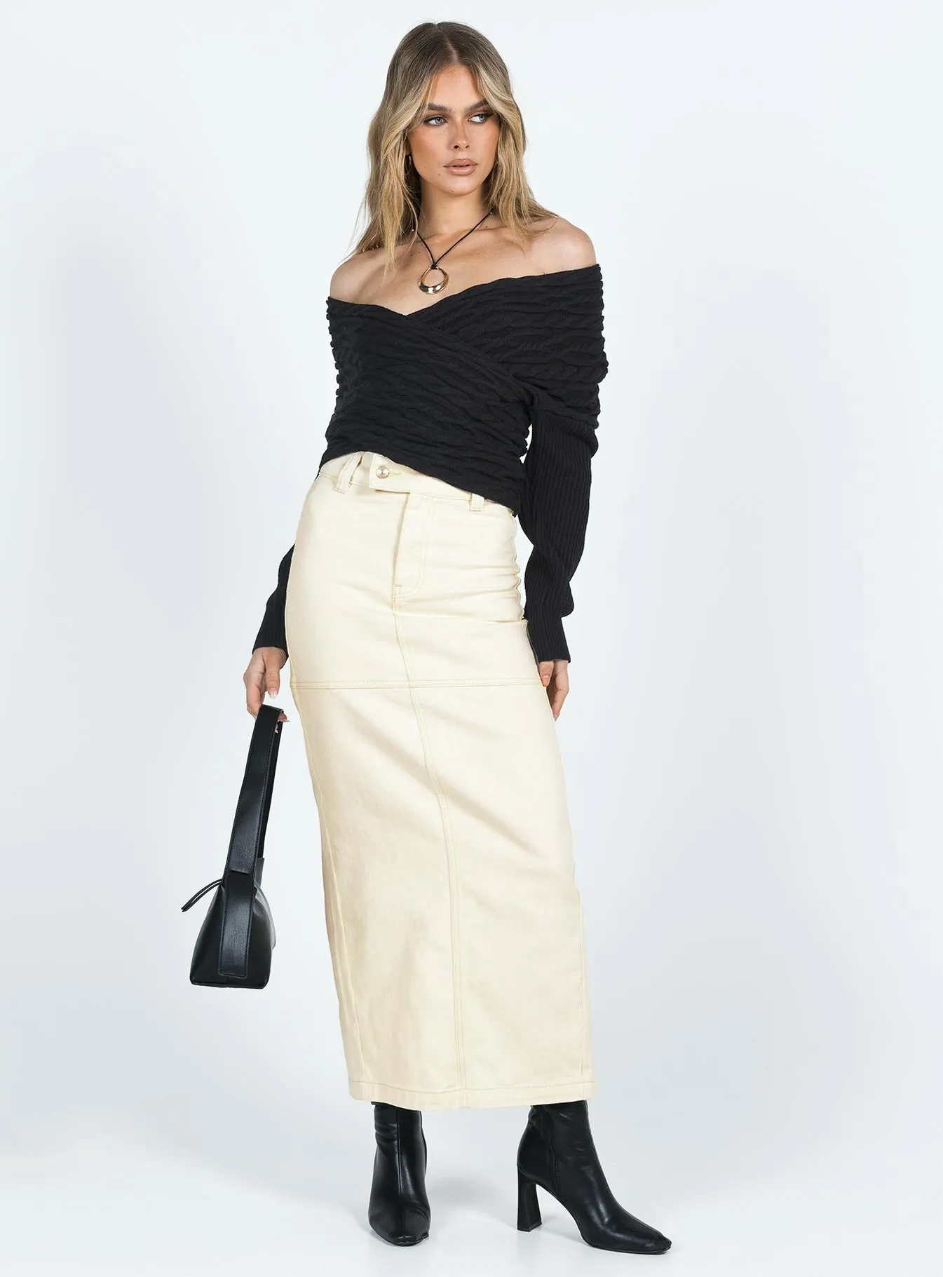 Markanna Denim Midi Skirt Cream Roll Up Hem Smooth Edging