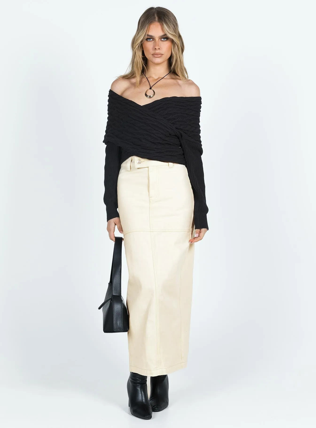 Sleek Detail Fold Over Design Markanna Denim Midi Skirt Cream