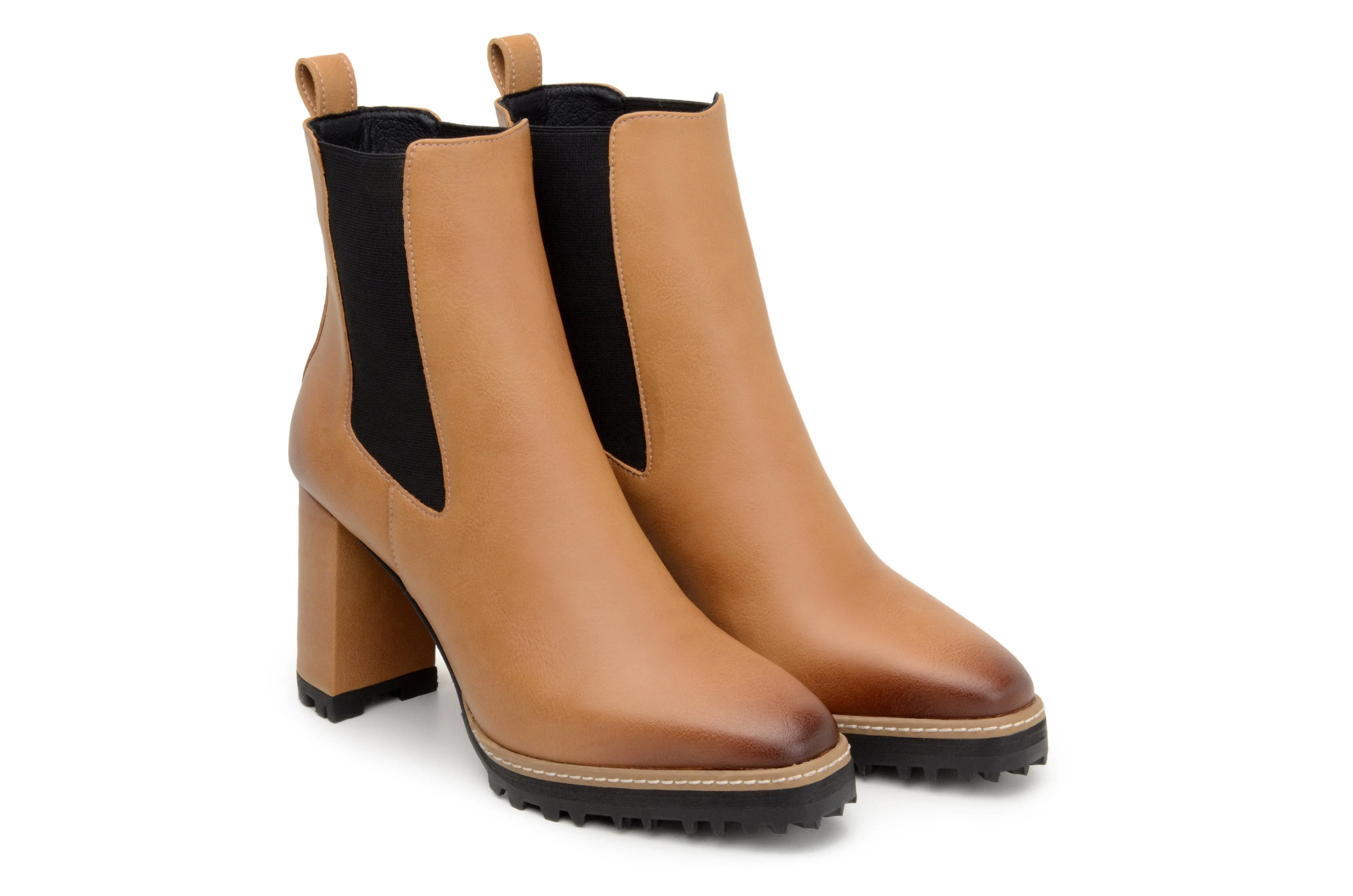 Sturdy Heel Counter Elastic Goring 'Blake' vegan leather chelsea with high heel by Zette Shoes - tan