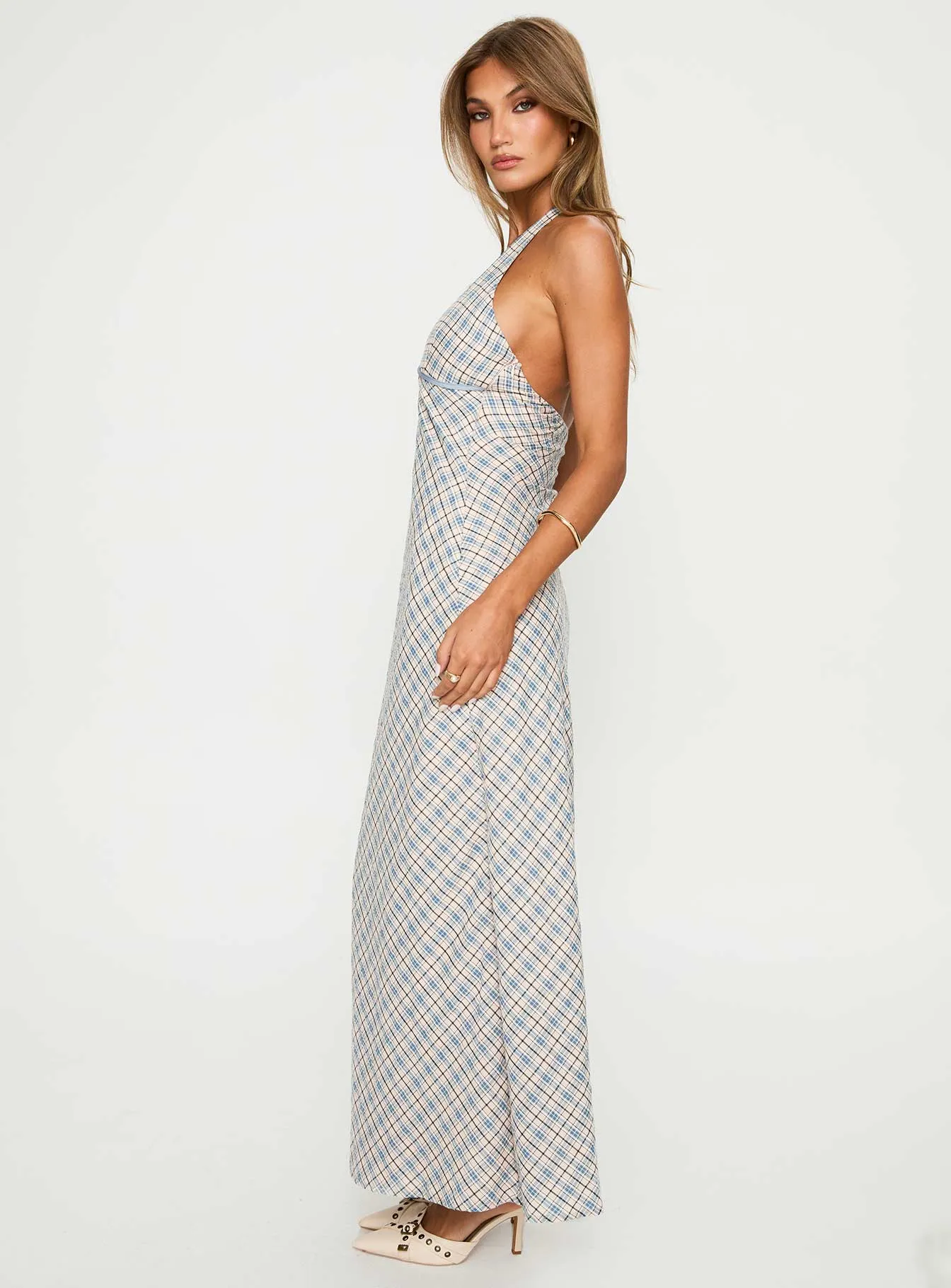 Modern Waist Design Sharp Profile Evienna Halter Maxi Dress Blue Check