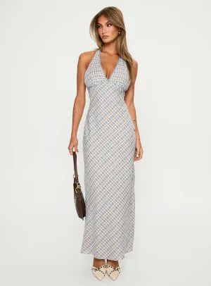 Evienna Halter Maxi Dress Blue Check Relax Mode