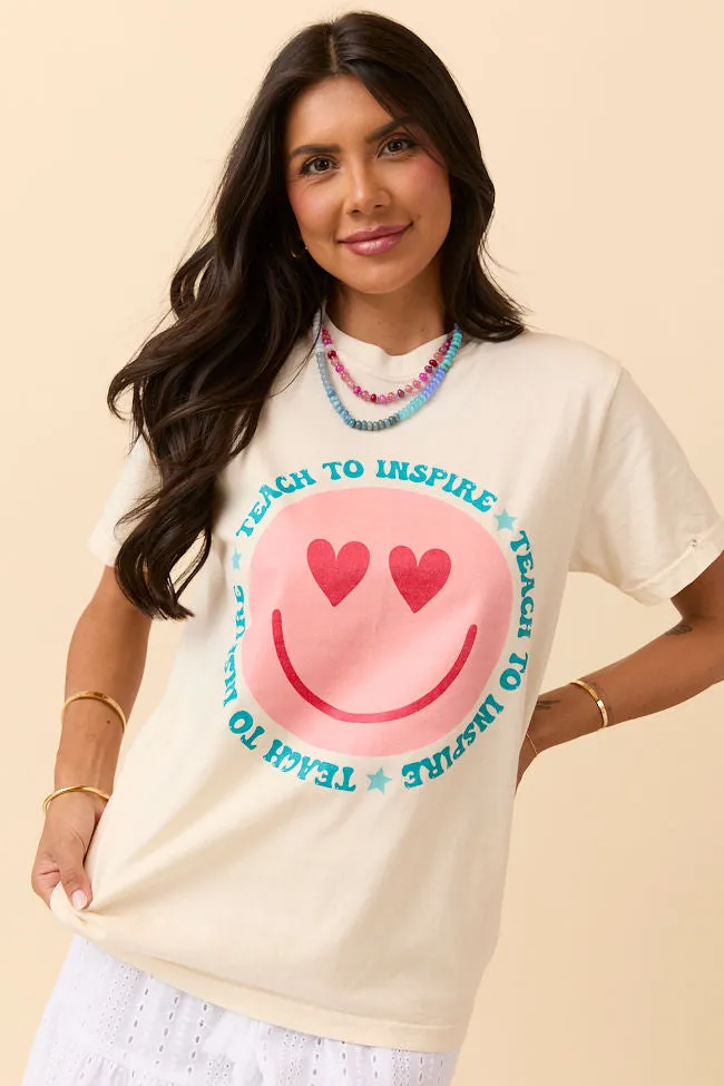 Teach To Inspire Smiley Ivory Graphic Tee Soft Touch Fabric Circular Knit Construction