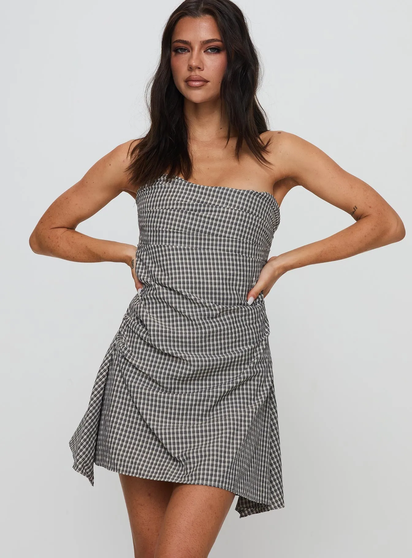 Dreamy Layers Chic Waist Bradwell Strapless Mini Dress Check